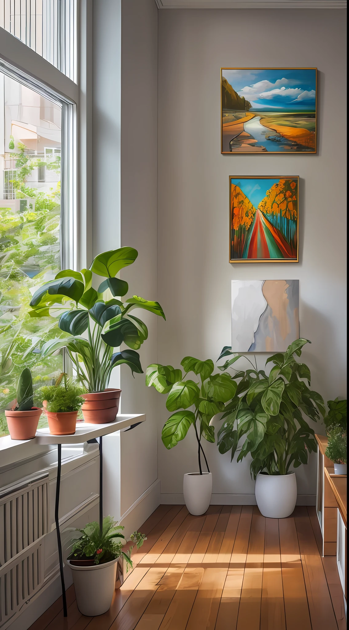 a painting hanging on a wall next to a potted plant, featured in artistation, trending on artstatioin, trending on artlist, trending on artstaton, featured in artistation, 4k photograph of painting, design milk, trending on artstartion, an ultrafine painting, trending on artsatio, clean elegant painting, gallery display photograph --auto