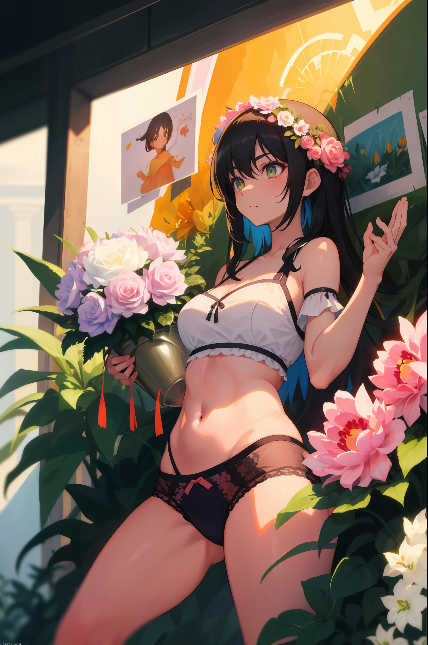 Masterpeace, BestQuality, 1 женщина, 28 лет, (floral panties), auto, Bright colors, Volumetric Lighting, best shadows, Shallow Depth of Field, (Top quality, amazing details: 1,25), Brilliant Colorful Paintings, nature, bower, Succulents, Roses, Lily, Peonies, fern, Palma, fancy, magic, flicker, Glare, neon garland, 8k