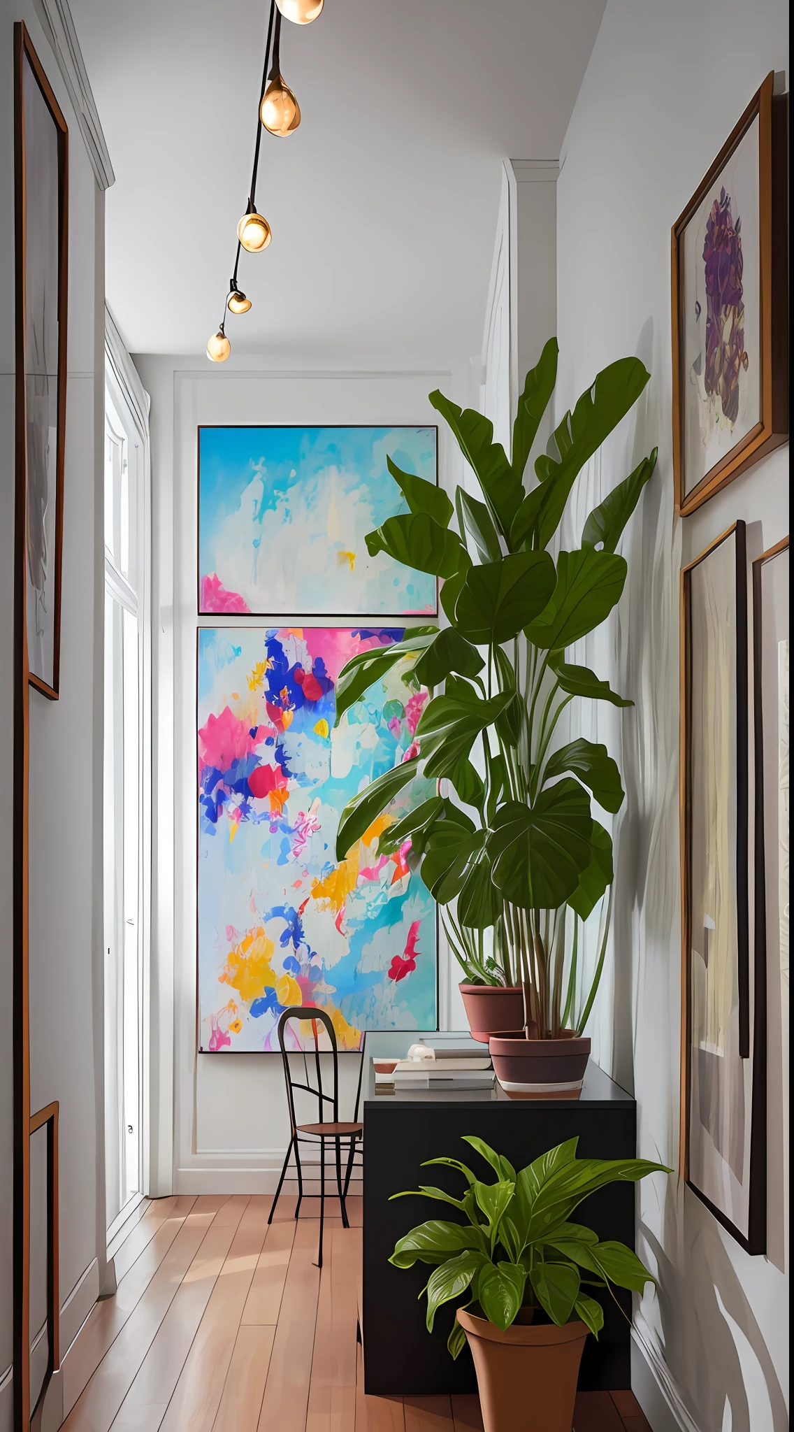 a painting hanging on a wall next to a potted plant, featured in artistation, trending on artstatioin, trending on artlist, trending on artstaton, featured in artistation, 4k photograph of painting, design milk, trending on artstartion, an ultrafine painting, trending on artsatio, clean elegant painting, gallery display photograph --auto