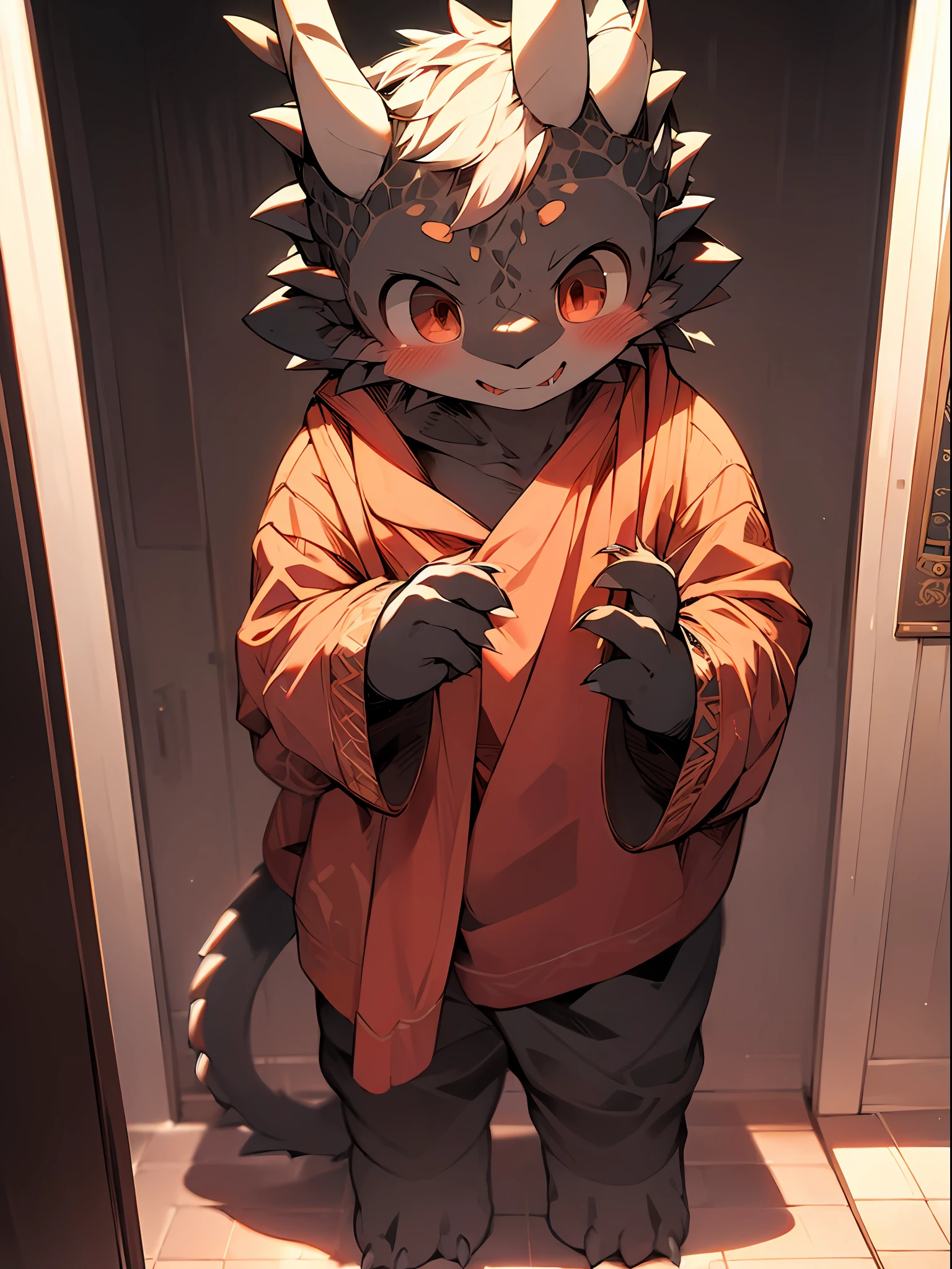 Loong， Black scales，dragon horn，Q version， cuddly， standing a， master masterpiece， great resolution，8k，detailedbackground，high qualitt，The boy，（By Dagasi：1.1），solo ，Loong