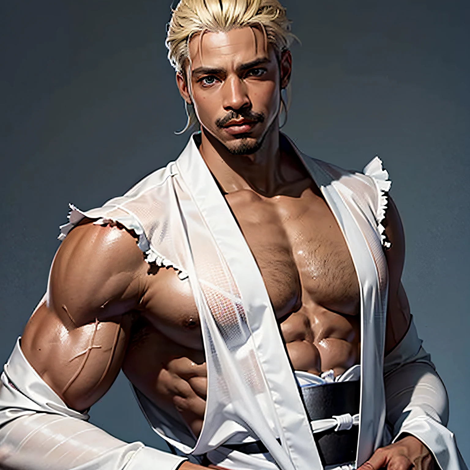 black man realistic adult male anime character with very dark black skin, gloomy face, blond hair and mustache, blue eyes and wearing a white kimono showing muscles --auto