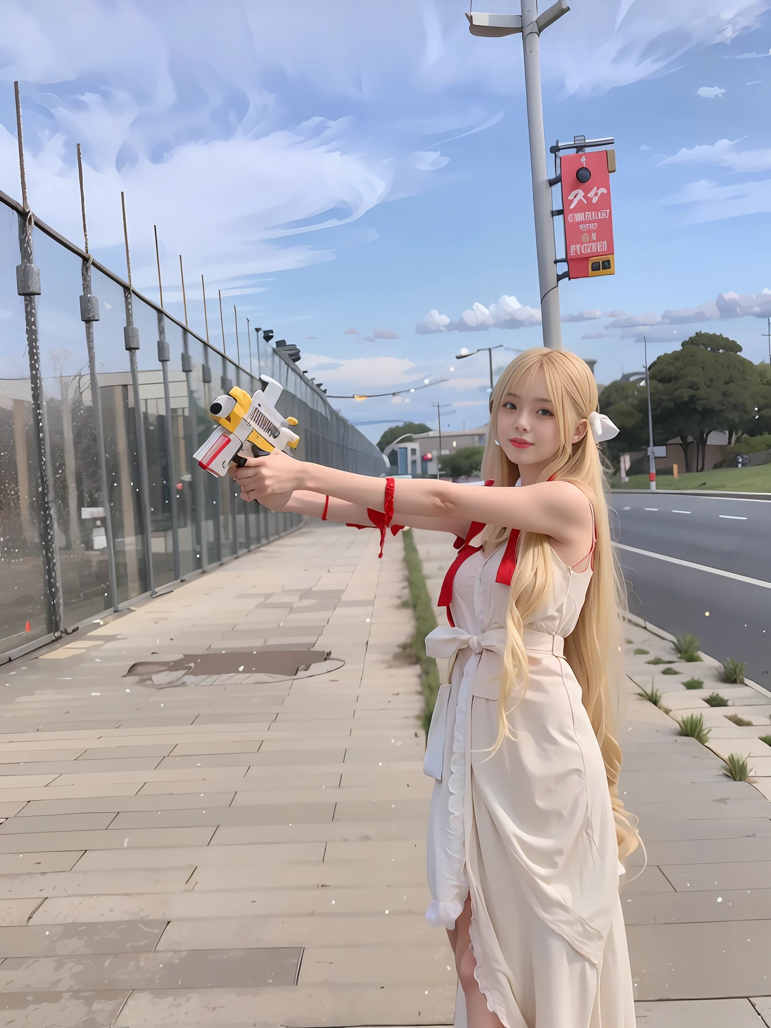 Two-dimensional，cyber punk，blond haired woman in white dress holding a toy gun, Anime girl role play, Anime role-Playing with the, cosplay photo, publicity cosplay, golden long hair, Ayaka role-Playing with the, rpg, professional cosplay, with long white hair, anime shot, the character-play er, blonde anime girl with long hair, Long White Hair, asuna from sao, anime  girl，The sky is cool。