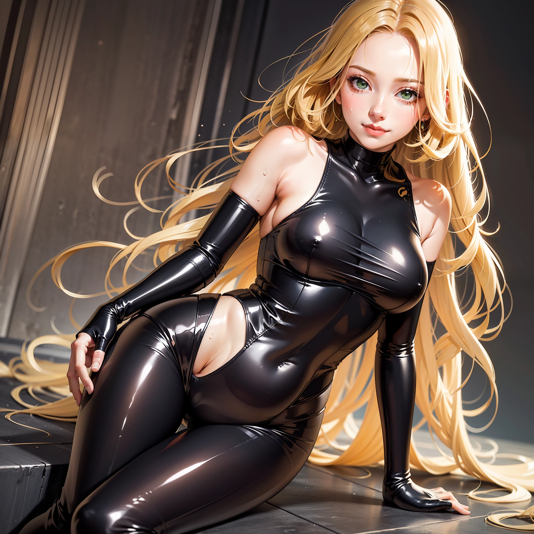 Close up of a smiling woman，Plump long legs，Blonde hair，GREEN eyes，Very fleshy，Sweat all over the body，The legs are thicker，But the waist is thin，Bodysuit，Gradient black silk，The expression is charming，Exposing armpits，rich detail