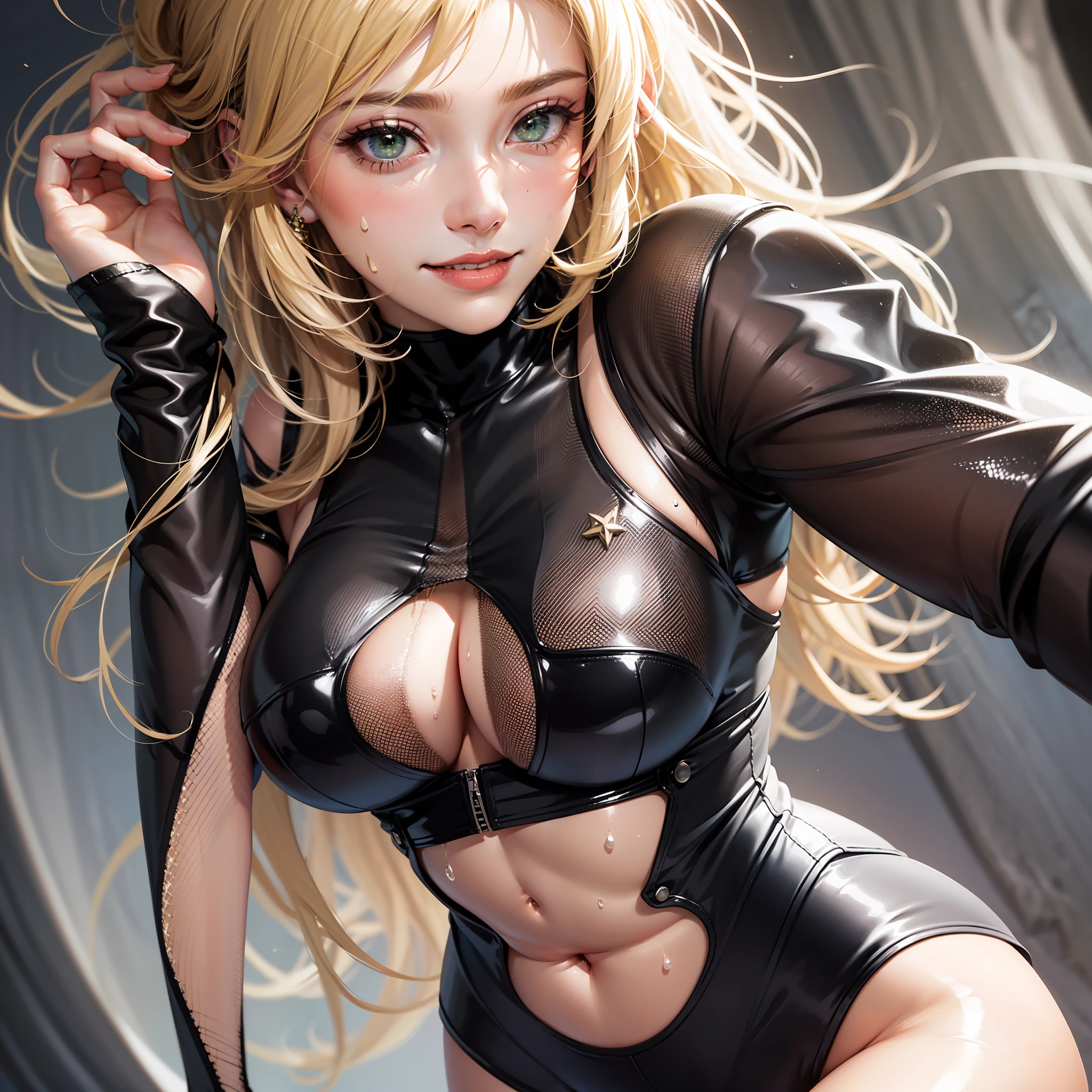 Close up of a smiling woman,Plump long legs,Blonde hair,GREEN eyes,Very fleshy,Sweat all over the body,The legs are thicker,But the waist is thin,Bodysuit,Gradient black silk,The expression is charming,Exposing armpits,rich detail