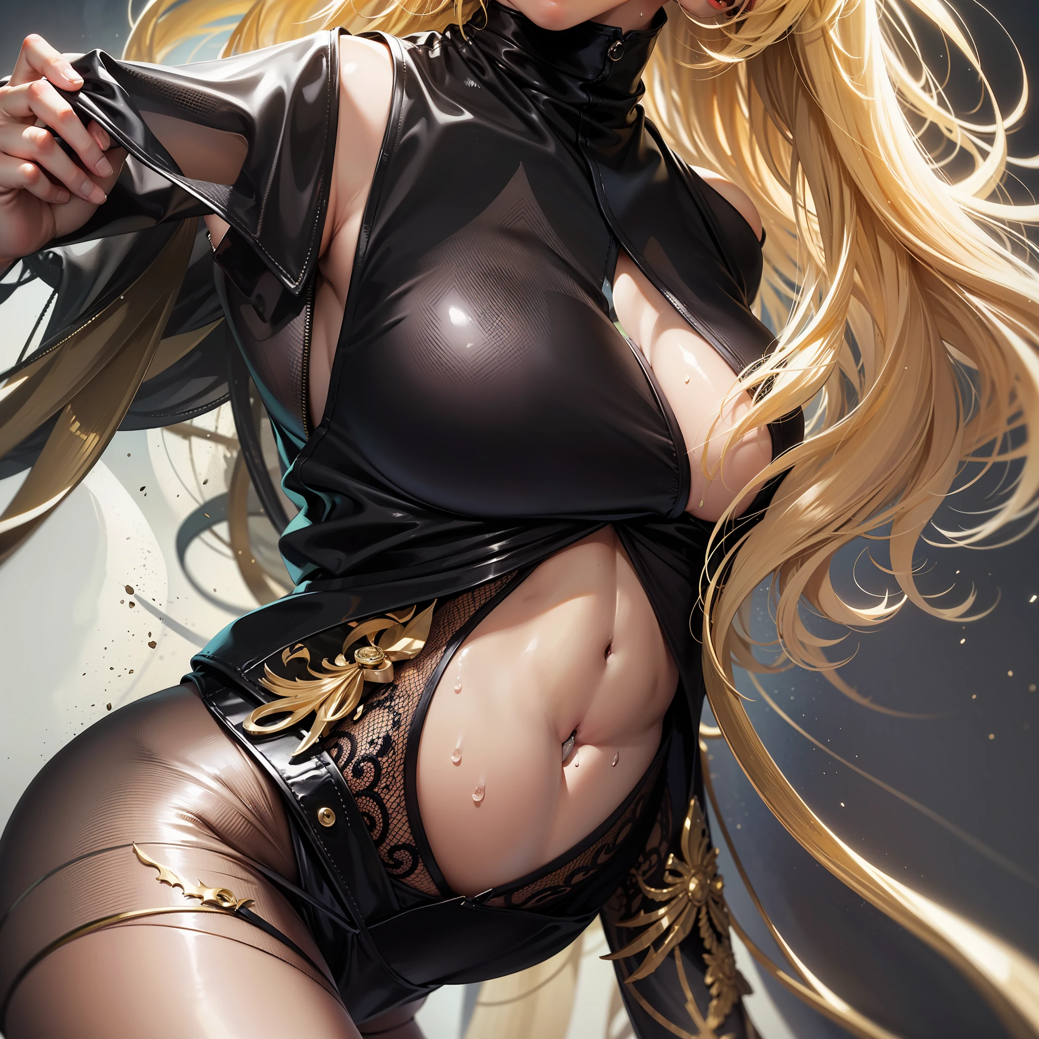 Close up of a smiling woman，Plump long legs，Blonde hair，GREEN eyes，Very fleshy，Sweat all over the body，The legs are thicker，But the waist is thin，Bodysuit，Gradient black silk，The expression is charming，Exposing armpits，rich detail