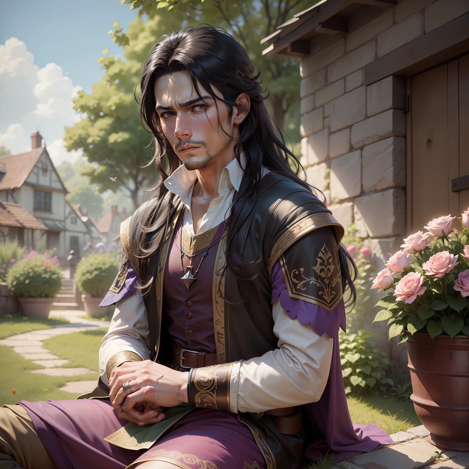 Twist of male man with long black hair he is with sad and tired eyes is sitting in a garden staring at a butterfly, He wears a purple tunic with a patterned rose, olhos cansados, estilo de RPG, medieval, RPG de mesa, Dugeons and dragons, 8k , Hdr, personagem