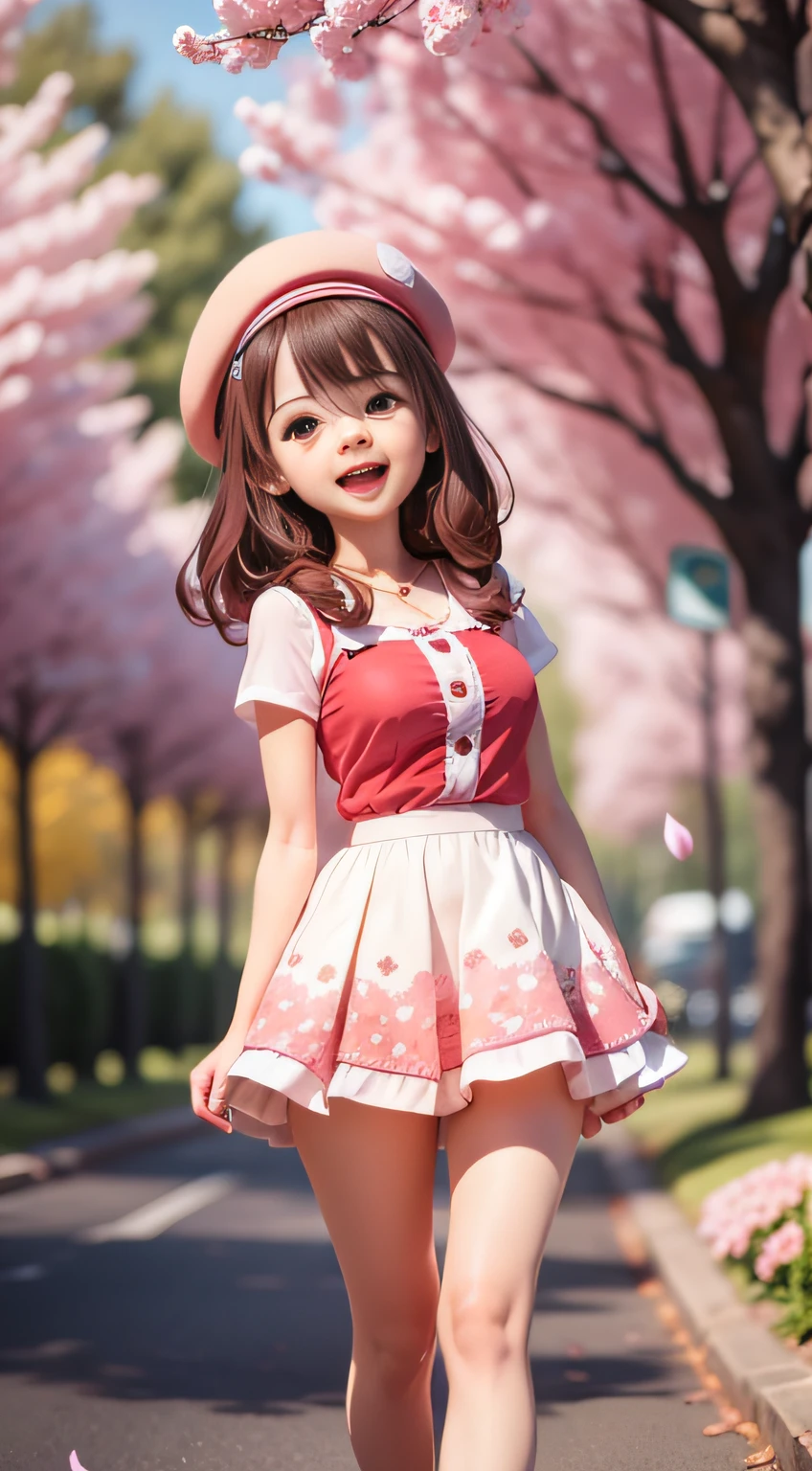a Little girl,Tree-lined paths,Pink berets,Red top,Short white skirt,Back,blushed,Chuckling,Bright colors,Delicate Faces,Flying Petals,Big tree by the road,hig quality,highly accurate,Optimal detail,8k