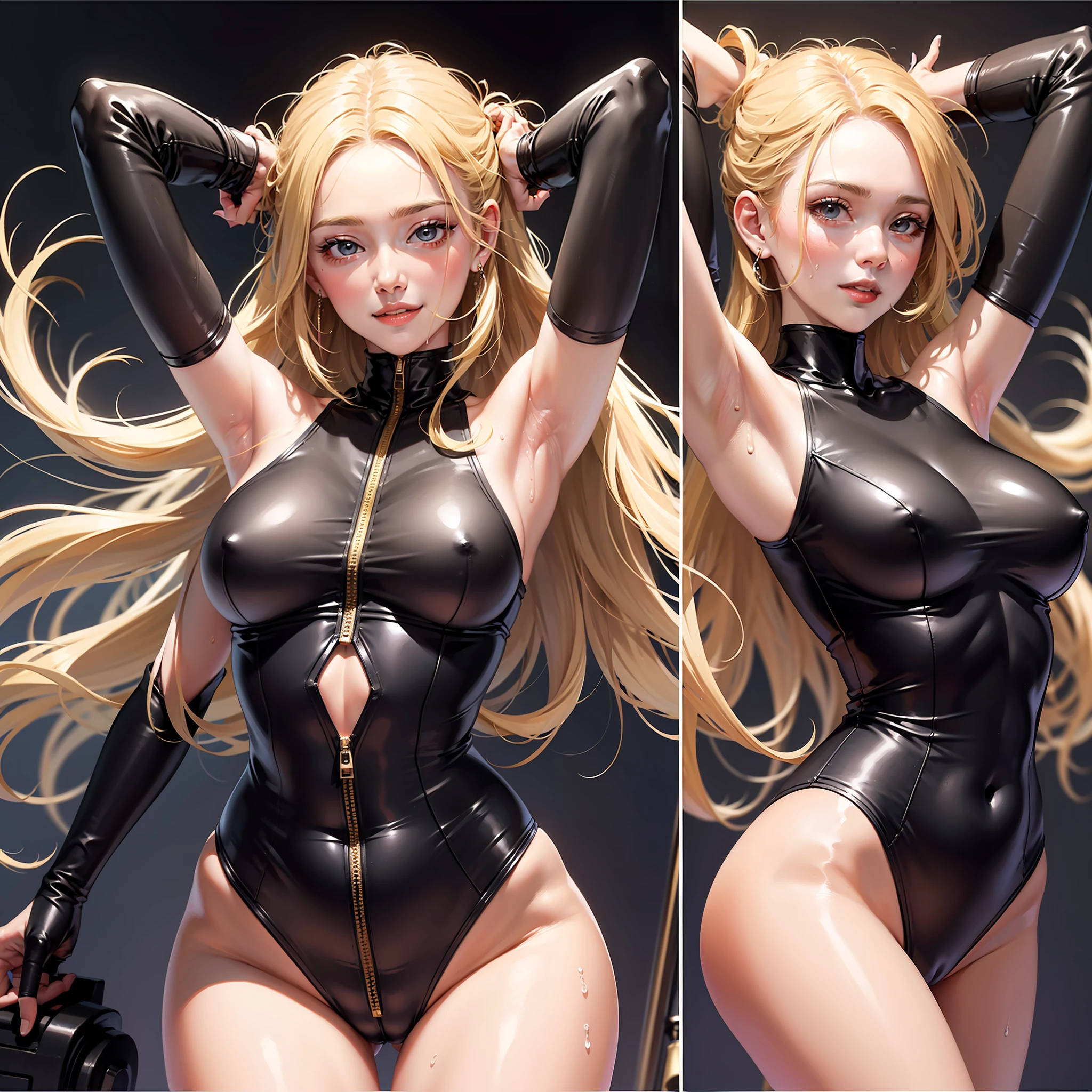 A smiling girl,Plump long legs,Blonde hair,Very fleshy,Sweat all over the body,The legs are thicker,But the waist is thin,Bodysuit,Gradient black silk,The expression is charming,Exposing armpits,rich detail