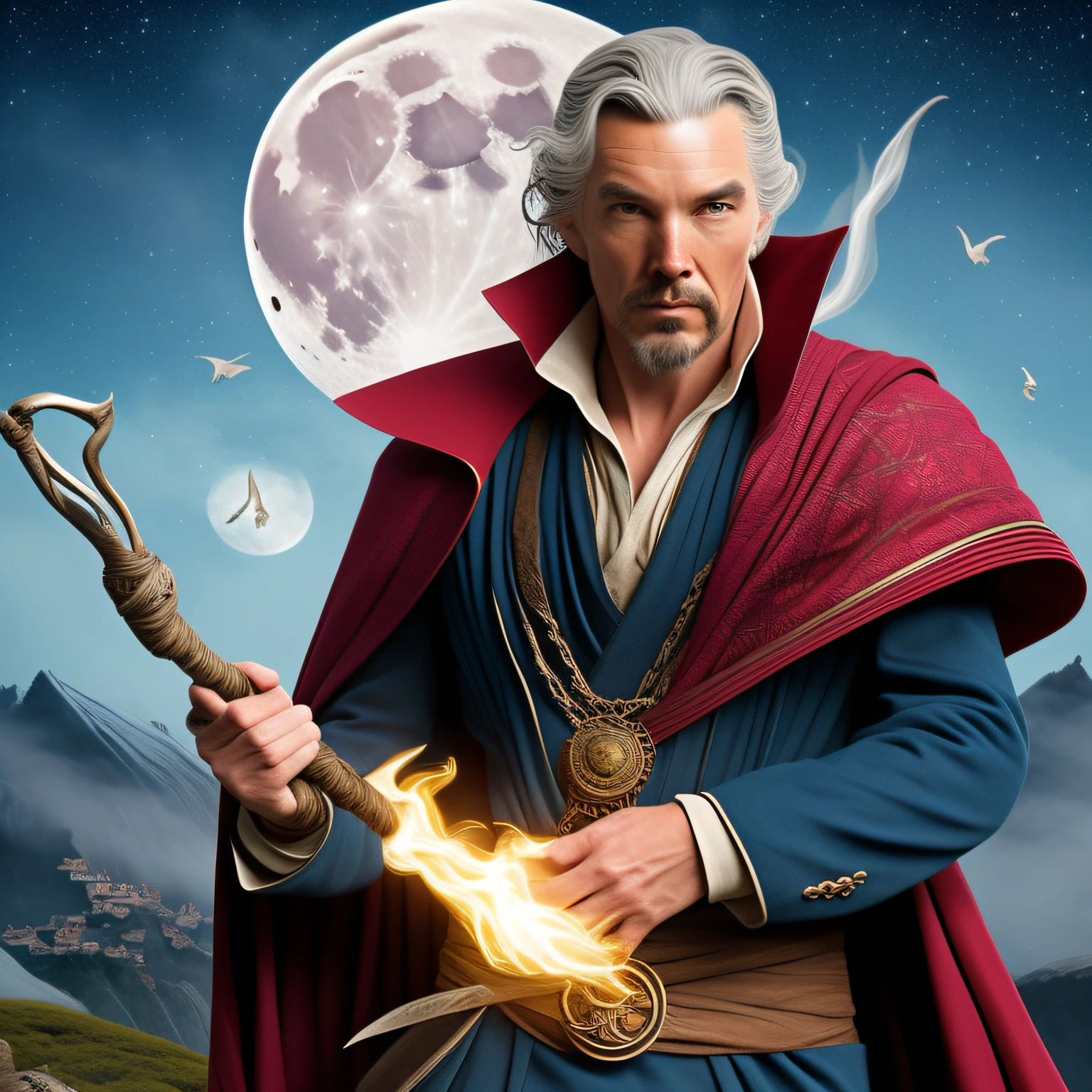 (((ultra-detailed))) 8k image of a ((wizard)) wearing Dr. Strange's costume, (holding) Gandolf's staff, (standing) on a ((majestic)) mountain on a (mystical) full moon night, accompanied by an owl and birds. (Capturing) the essence of magic and suspense with (enticing) fog, full body view, and (realistic) details.