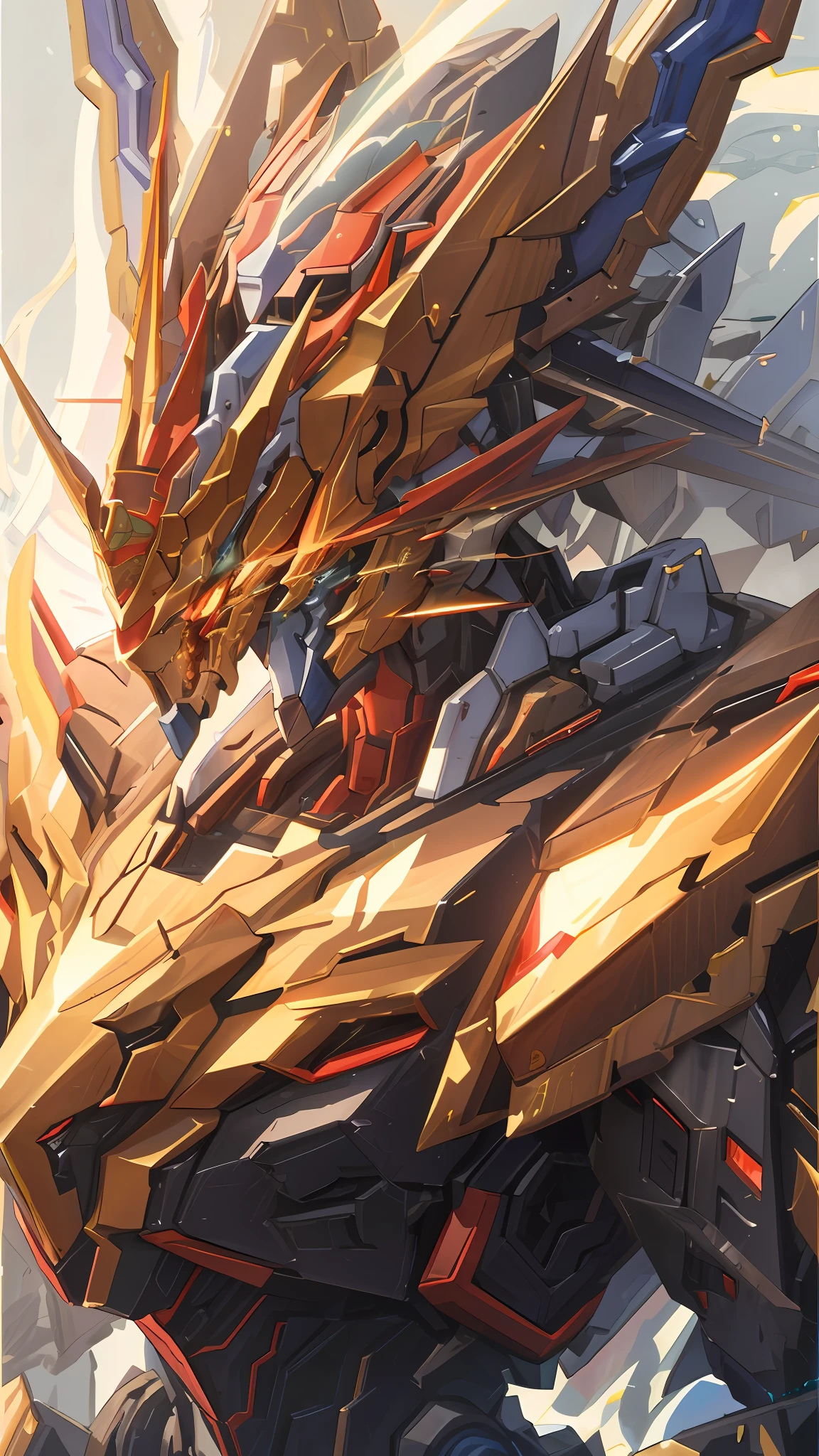 a close up of a robot like object with a shiny body, sleek mecha female dragon head, gold paladin, robot mecha female dragon head, cyborg dragon portrait, cool mecha style, detailed anime artwork, well armored mech dragon, detailed anime art, anime abstract art, detailed key anime art, anime mecha aesthetic, detailed digital anime art