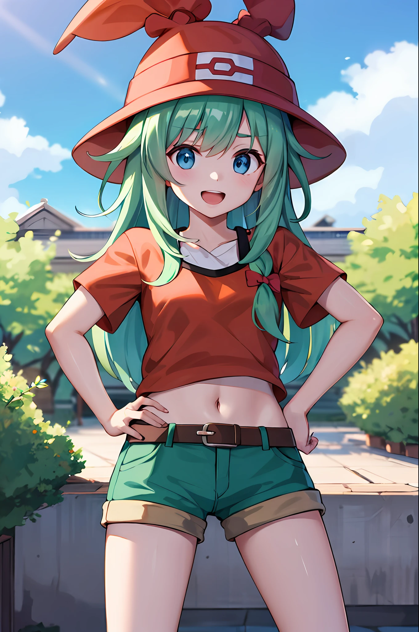 obra-prima, melhor qualidade, highres, aqua_konosuba, 1girl \(pokemon\), solo, olhos azuis, cabelo azul claro, shorts verdes, headwear vermelho, gorro, camisa, camisa amarrada, estampa floral, cabelo longo, mangas curtas, shorts curtos, listrado, camisa amarela, cinto, midriff, tiro de cowboy, grama, flor, tree, sorriso, segurando poke ball, hand on hip, poke ball \(basic\),