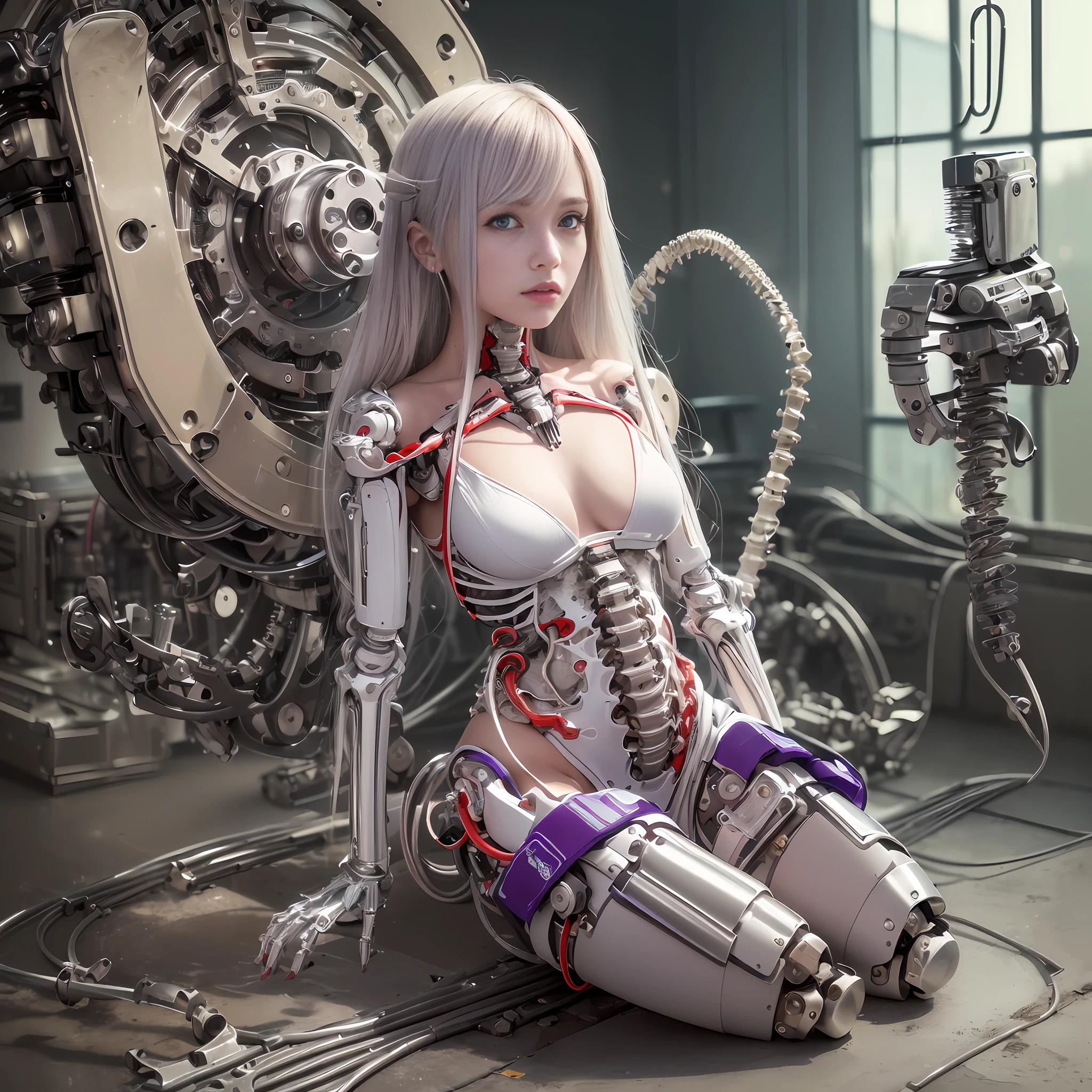 (((Masterpiece)))), (((highest quality)))), ((Ultra Definition)), (Very Detailed Photoreality), ((Very Delicate and Beautiful)), (Delicate and Pretty Face), Cinematic Light, (((1 Girl)), Solo, Full Body, Big, Cleavage Is Visible Skin, White Hair, Purple Eyes, Glowing Eyes, Thighs Exposed Skin, (Mechanical Joints: 1.4), (Mechanical Limbs)), ( blood vessels connected to tubes), (((mechanical vertebrae attached to the back)), ((cervical vertebrae of the machine) attached to the neck)), ((sitting)), expressionless, (wires and cables attached to the head and body: 1.5), (character focus), small LED lamps on the body, Ghost in the Shell, sci-fi, metal, metallic body, detailed neon, hydraulic cylinder