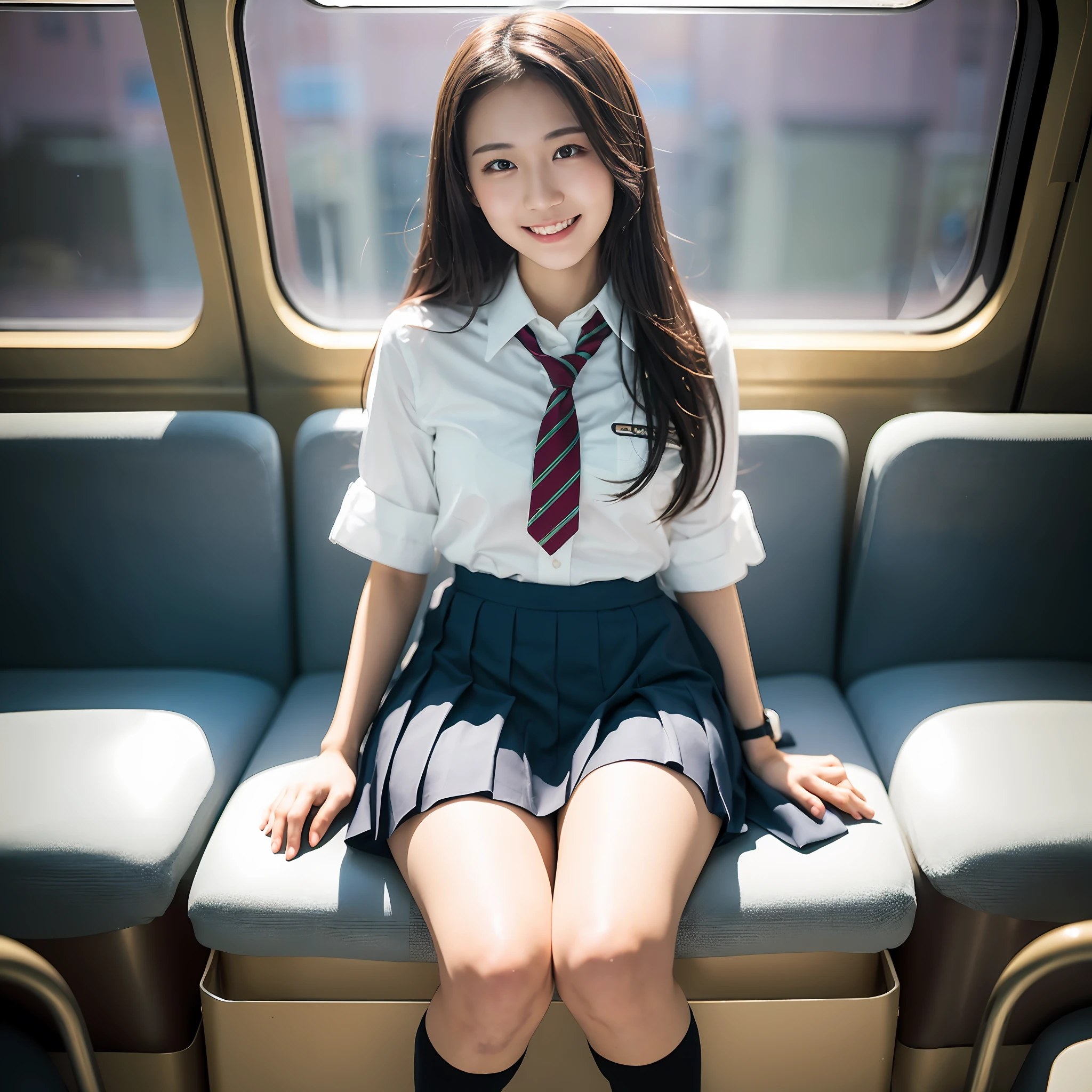 Highest quality, full body detail, golden ratio, (theater lighting: 0.7), masterpiece, viewer angle shot, ( 18 year old japanese girl student wearing school uniform), looking straight happy and slightly embrassing, (sitting on the train legs open wide), skirt lifting, showing up her panty by spreading her thighs (clear detailed panty), best thigh anatomy, full body, perfect face, (highly detailed skin), (blood: 0.7), accent lighting (backlight: 0.5),