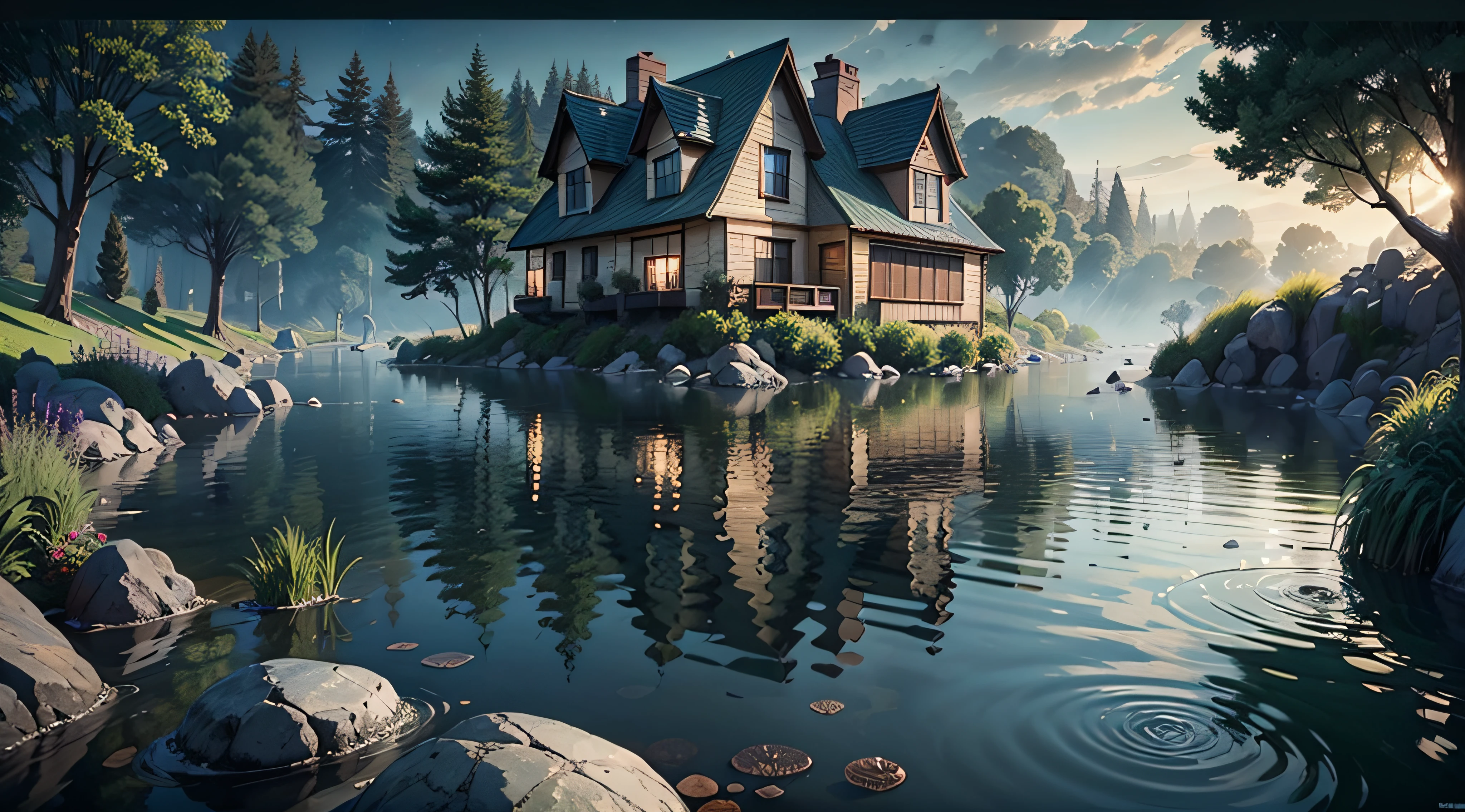 view from water. i’ve been born so long. i lie on riverbed deep inside river, i see from green water distant light, tall house, green ray of star. fantasy, ultra hd, 128k, intricately-detailed, 5d