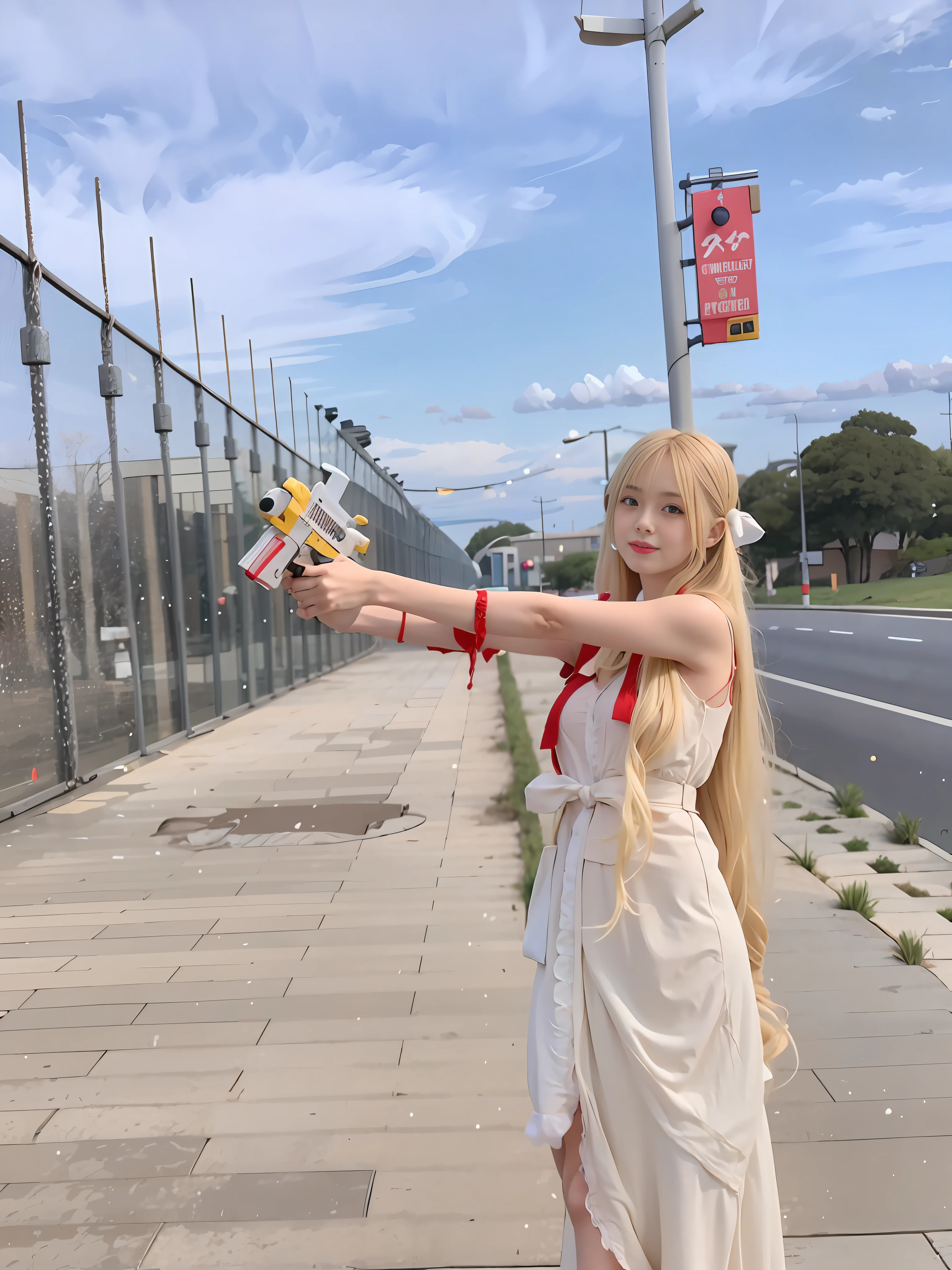 Two-dimensional,cyber punk,blond haired woman in white dress holding a toy gun, Anime girl role play, Anime role-Playing with the, cosplay photo, publicity cosplay, golden long hair, Ayaka role-Playing with the, rpg, professional cosplay, with long white hair, anime shot, the character-play er, blonde anime girl with long hair, Long White Hair, asuna from sao, anime girl,The sky is cool。