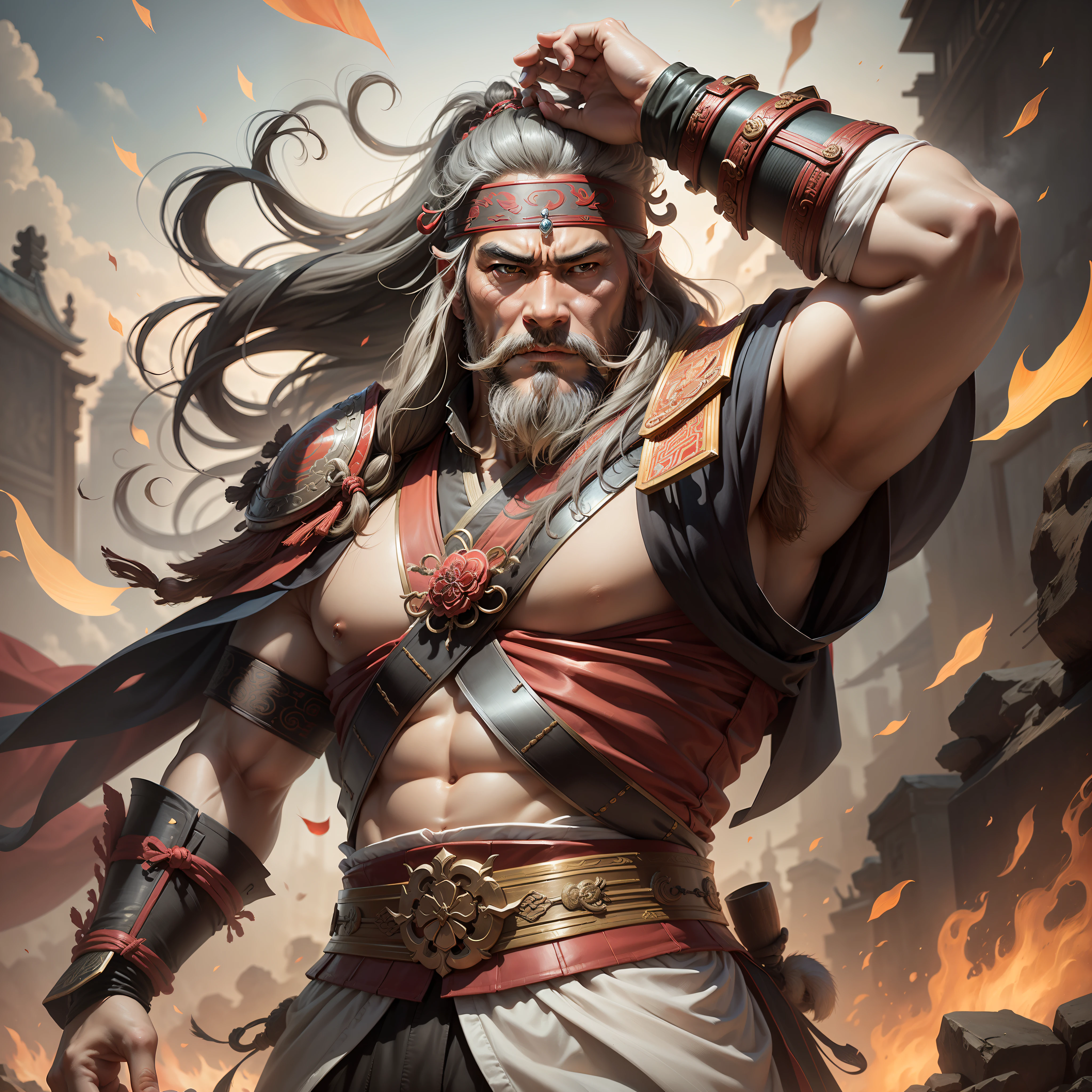 The image of Huang Zhong in the Romance of the Three Kingdoms，senior citizen，White beard，master masterpiece，High quality，great resolution