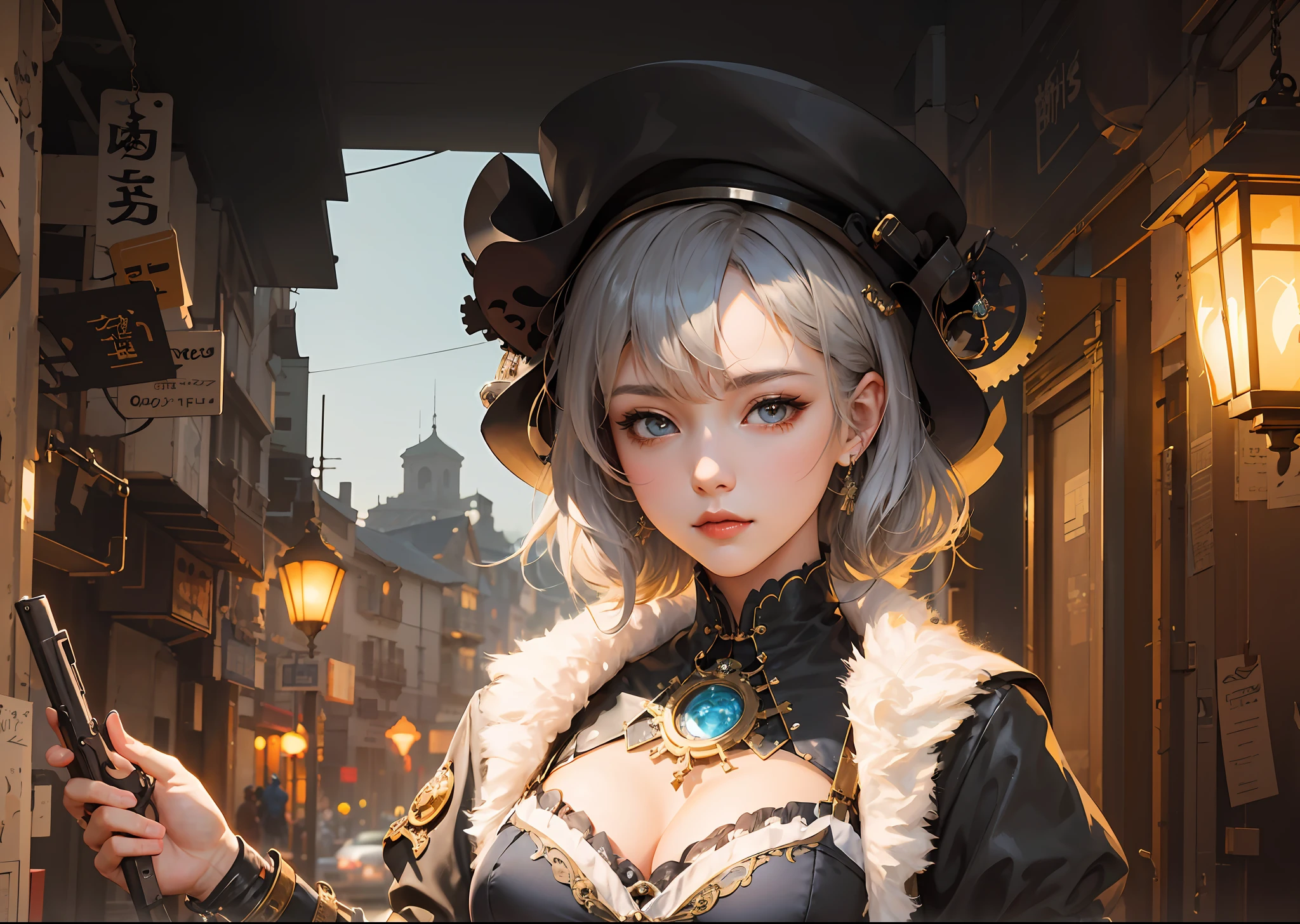 there is a woman in a steampunk outfit holding a gun, steampunk beautiful anime woman, artwork in the style of guweiz, 2. 5 d cgi anime fantasy artwork, guweiz on artstation pixiv, Guweiz in Pixiv ArtStation, cushart krenz key art feminine, Guweiz masterpiece, in steampunk cityscape