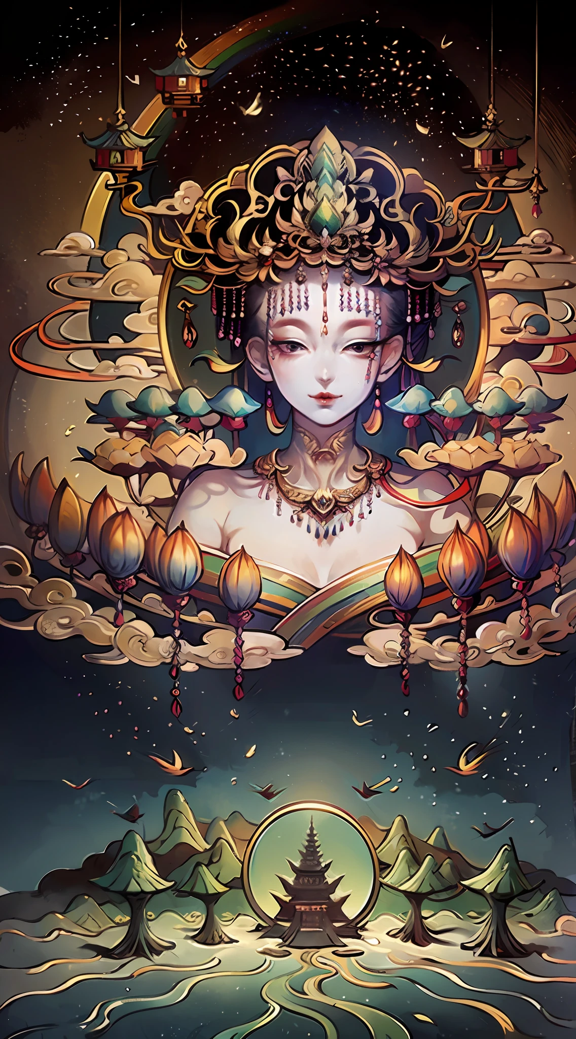 An ancient Chinese painting, ancient Chinese background, mountains, rivers, auspicious clouds, pavilions, sunshine,(psychedelic details),(mushrooms),(rainbow),(trippy),(DMT),(Buddha),(beautiful face),(pique emotion),(beautiful eyes),(seductive),(seductive breast),(seductive body),(yin and yang),intricate details, more details, high details,masterpieces, super detail, epic composition, ultra HD, high quality, extremely detailed, official art, unified 8k wallpaper, Super detail, 32k -- v 6
