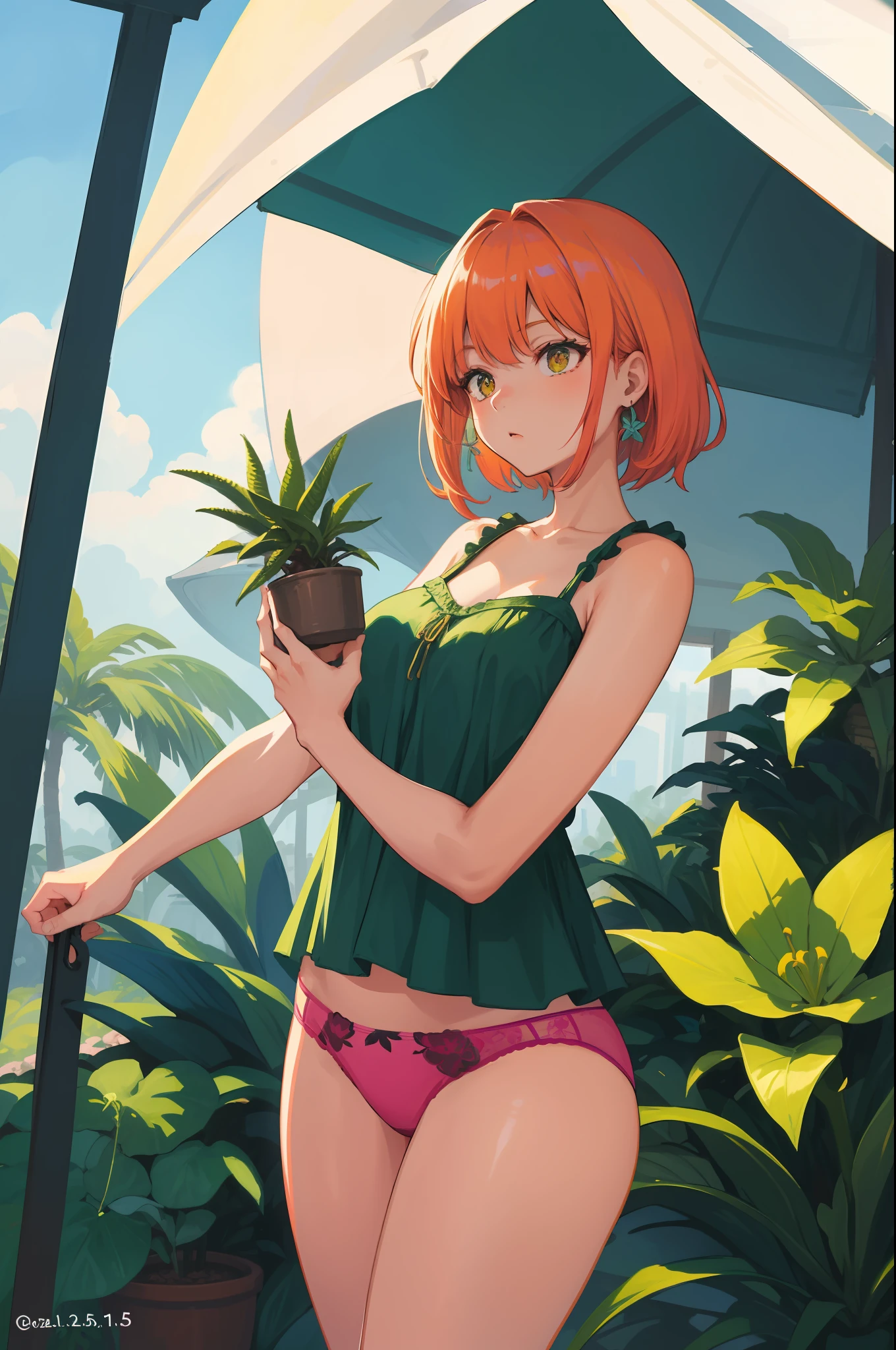 Masterpeace, Best Quality, 1 woman, 28 years old, (floral panties), bright colors, Volumetric lighting, Best shadows, Shallow depth of field, (Top quality, Amazing details: 1.25), Brilliant colorful paintings, nature, gazebo, succulents, palm trees, Brazil