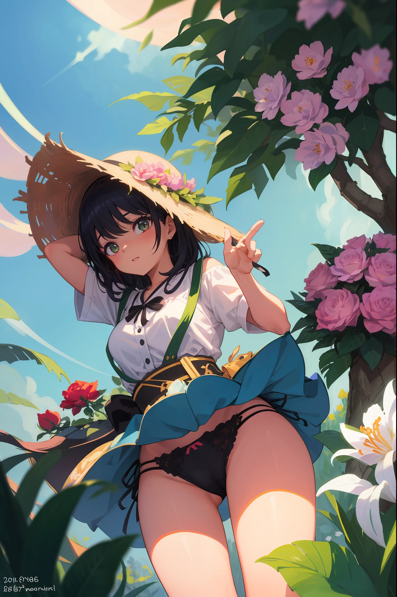 Masterpeace, BestQuality, 1 женщина, 28 лет, (floral panties), auto, Bright colors, volume lighting, best shadows, Shallow Depth of Field, (Top quality, amazing details: 1,25), Brilliant Colorful Paintings, nature, bower, Succulents, Roses, Lily, Peonies, fern, Palma, fancy, magic, flicker, Glare, neon garland, 8k
