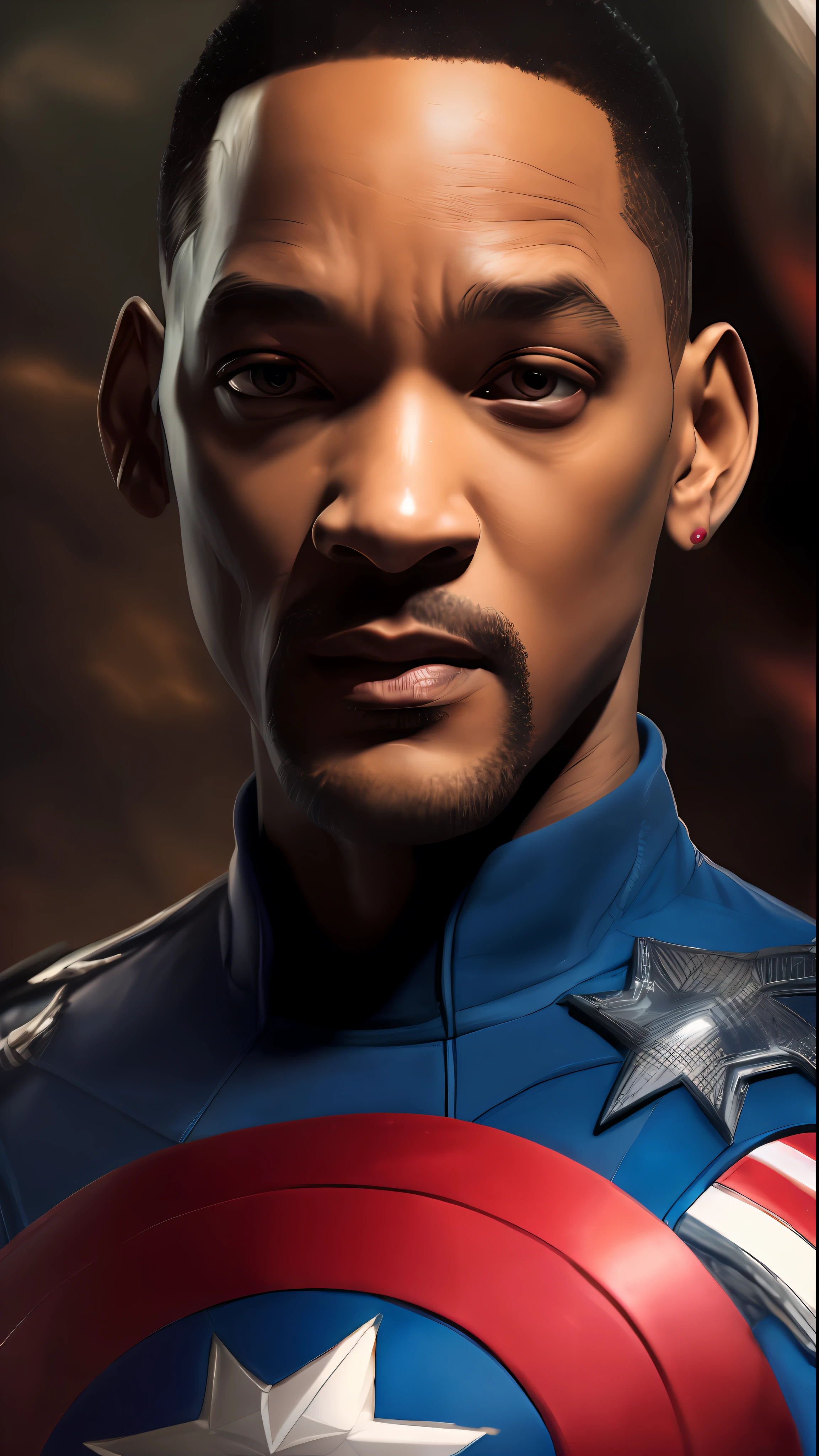 . .Tarantino style Will Smith as Captain America 8k, high definition, detailed face, detailed face, detailed eyes, detailed suit, in style of marvel and dc, hyper-realistic, + cinematic shot + dynamic composition, incredibly detailed, sharpen, details + superb details + evening with light + perfectionism + award winning realism ((moody lighting))