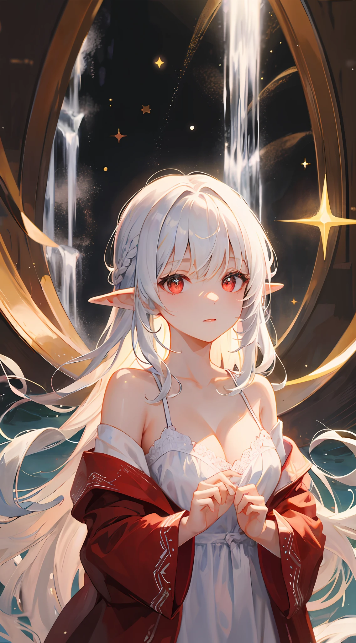 Facing the audience,master masterpiece, Superb Painting, illustration, 1女孩, cuddly, with exquisite facial features, (Beautifully Drawn Eyes: 1.2), (red eyes: 1.233), Waterfall braids, extra long white hair, elf ears,Starry background,Sea background,Clear focus, Long White Hair, beautiful girly face, Fair chest, Medium Boobs, glowing body,(Off Shoulder: 1.1), (naked body: 1.1), Pajamas with white lace trim,Gentle eyes