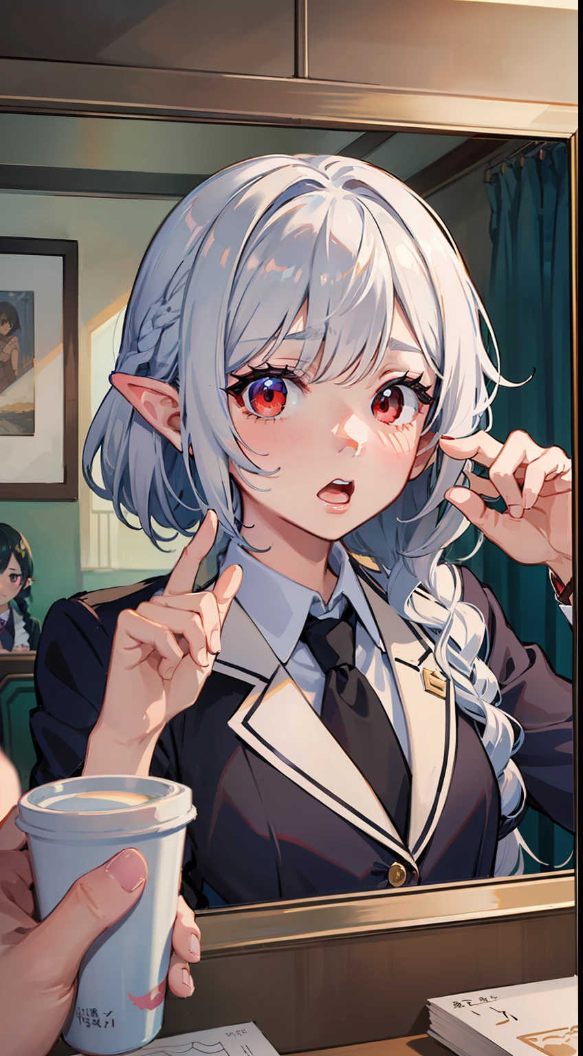 ((Put your hands on your face)), ((Surprised)), (Red Face), 1女の子の接写, elvish, silver hair,,,,,, Red eyes, Braided hair, bob cuts, Student uniform, Blazer Uniform, inside room, Mirror, Gender Change, Concept art, beautiful anime scene, beautiful anime scenery, The Highest Quality, master masterpiece, 4K