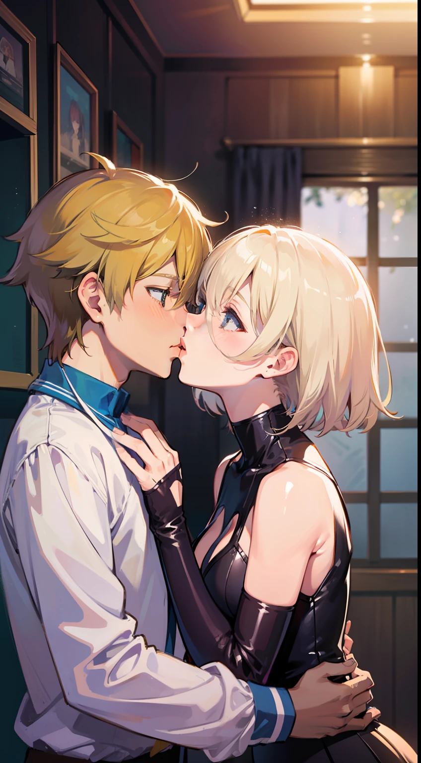 masterpiece,high quallity,highly detailed,art by Makoto Shinkai ADDBASE
1girl,blonde hair,blush ADDCOL
1girl,1boy, kiss,white hair,very short hair,