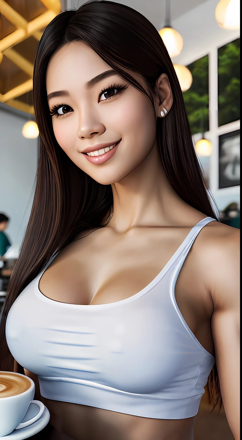 a group of young Thai woman, bodybuilder physique, wearing a white top and jeans, smiling, having a cup of coffee at a coffee shop, (8k), (best quality), (masterpiece:1.3), (realistic), (photorealistic:1.34), ultra-detailed, [beautiful detailed eyes], (beautiful detailed nose), [very long blond hair], (see-through white t-shirt), jeans, (large breasts), (close up), park, depth of field, --auto