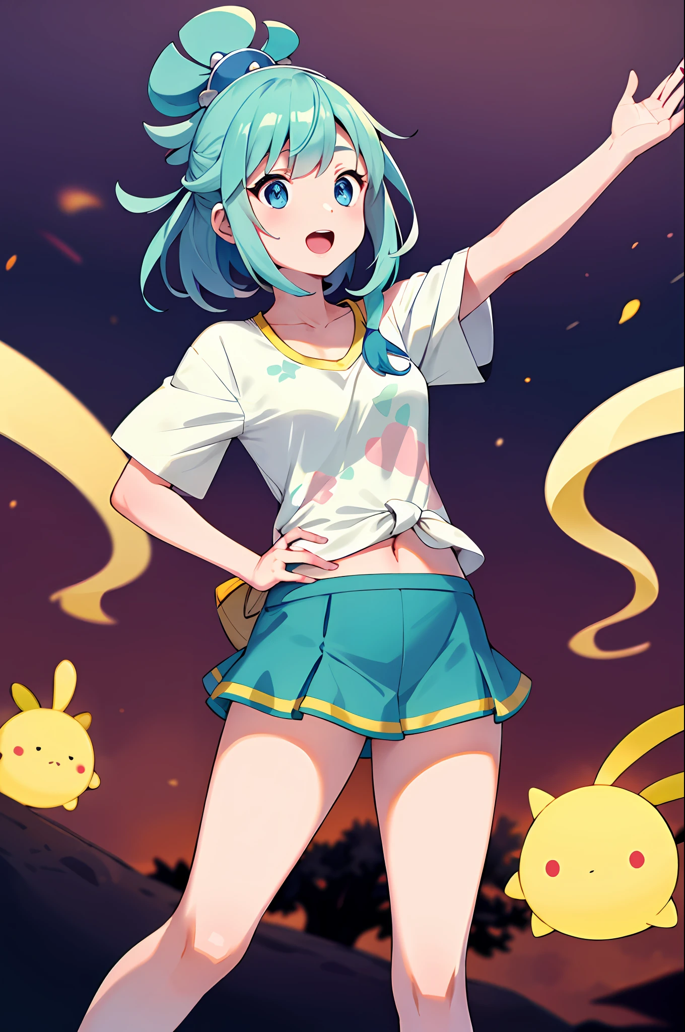 obra-antes, melhor qualidade, Altas, aqua_Konosuba, 1girl \(Pokémon\), Sozinho, olhos azuis, cabelo azul claro, Short blue skirt, headwear vermelho, cap, camisa, camisa amarrada, Estampa floral, cabelo longo, mangas curtas,  camisa branca, cinto, diafragma, Tiroteio de Cowboy, grama, flor, tree, sorrir, segurando poke bola, hand on hip, poke bola \(basic\),