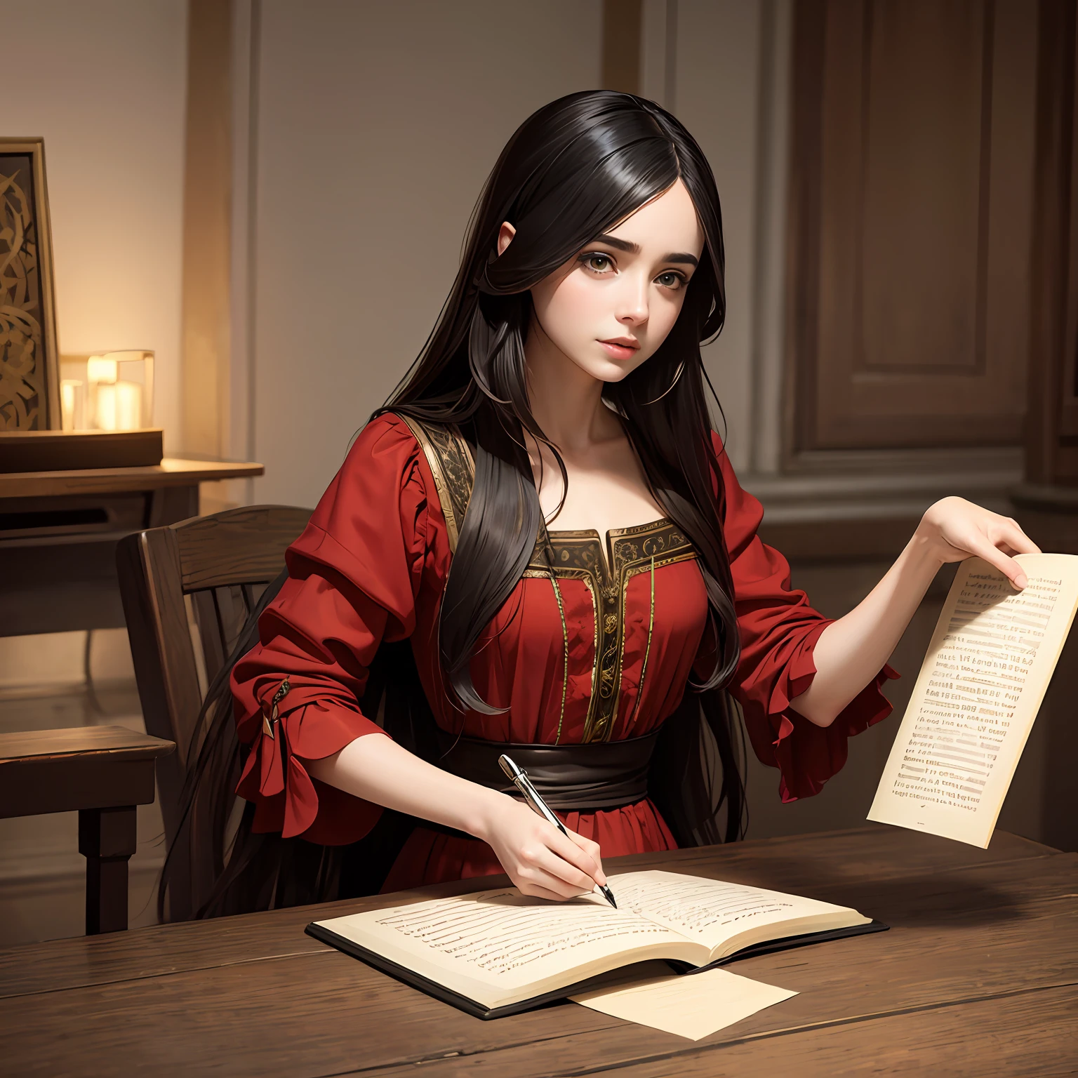 Creation of a magical grimoire with red cape, yellowed pages, sobre uma mesa de madeira antiga marrom escuro. --auto
