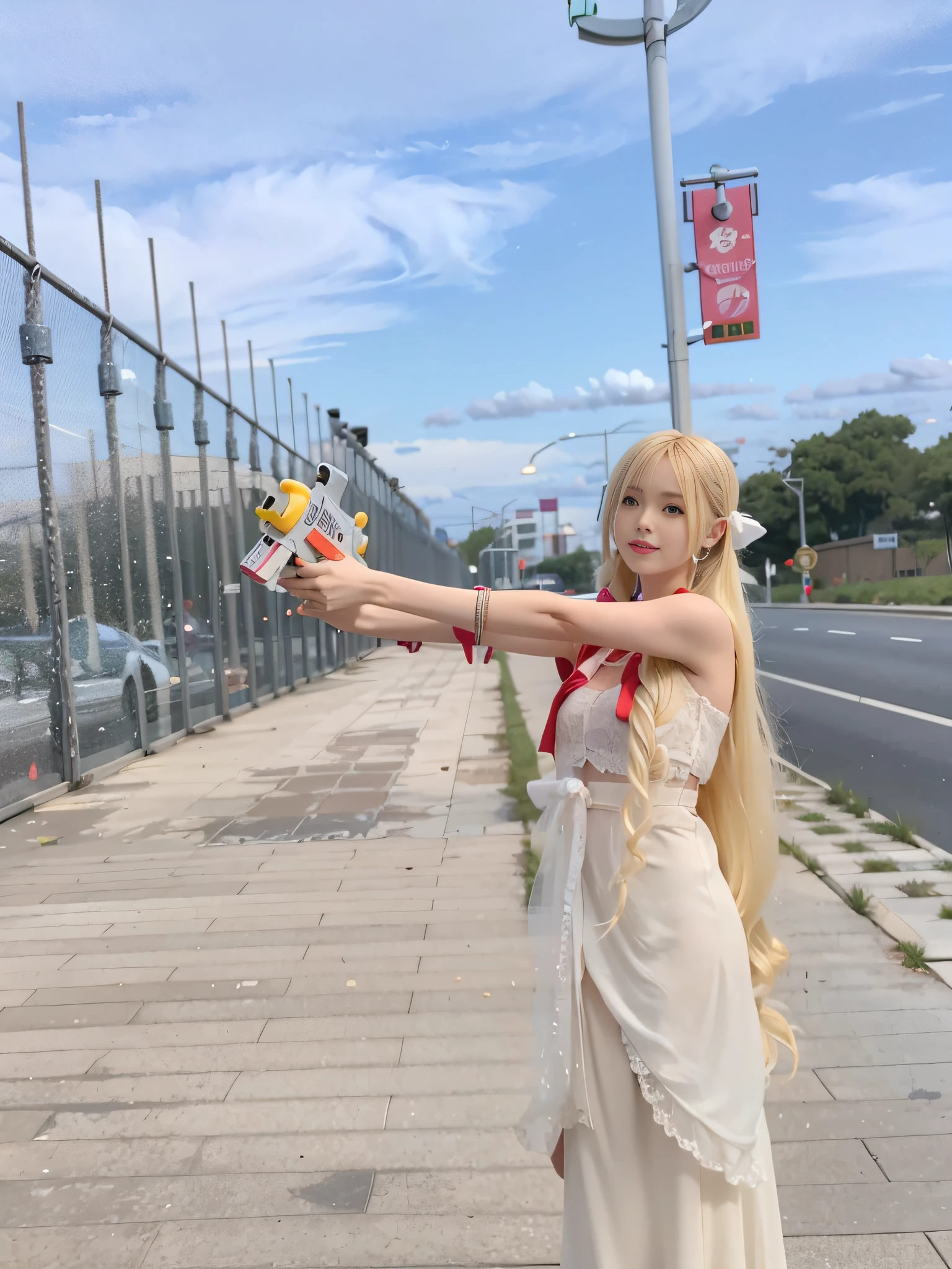 Two-dimensional,cyber punk,blond haired woman in white dress holding a toy gun, Anime girl role play, Anime role-Playing with the, cosplay photo, publicity cosplay, golden long hair, Ayaka role-Playing with the, rpg, professional cosplay, with long white hair, anime shot, The character-play er, blonde anime girl with long hair, Long White Hair, asuna from sao, anime girl,The sky is cool。