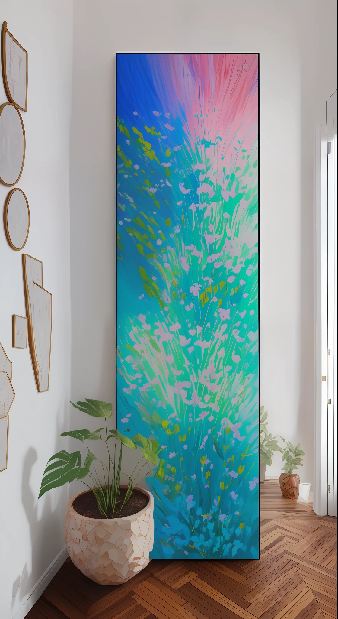 a painting sitting on top of a wooden floor next to a plant, translucent pastel panels, trending on artstattion, organic acrylic flow art, trending on artstaton, trending on artstattion, trending on artstartion, teal studio backdrop, silk screen art, clean elegant painting, this painting is a large canvas, painti-on-glass painting --auto