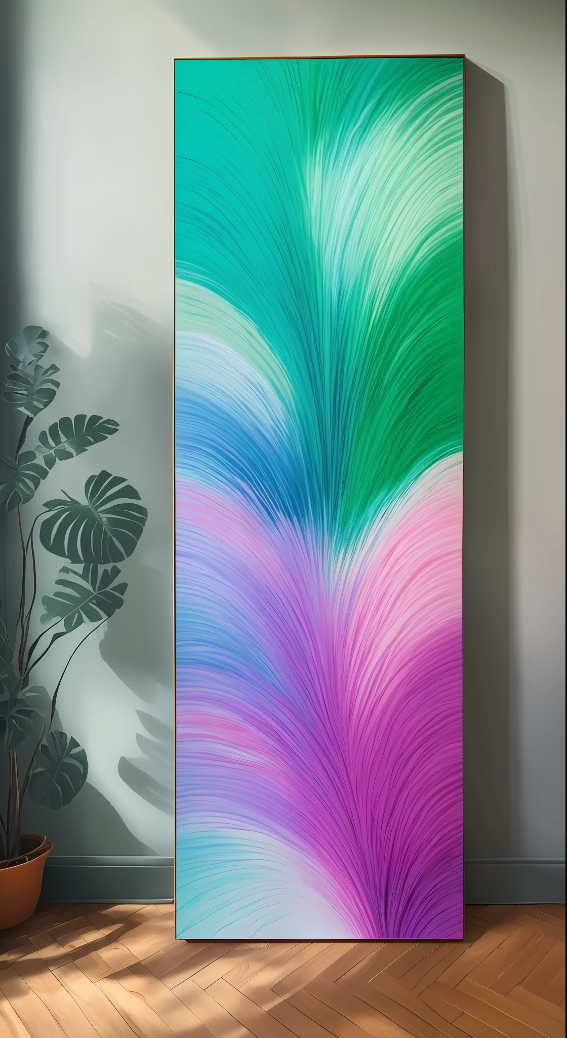 a painting sitting on top of a wooden floor next to a plant, translucent pastel panels, trending on artstattion, organic acrylic flow art, trending on artstaton, trending on artstattion, trending on artstartion, teal studio backdrop, silk screen art, clean elegant painting, this painting is a large canvas, painti-on-glass painting --auto