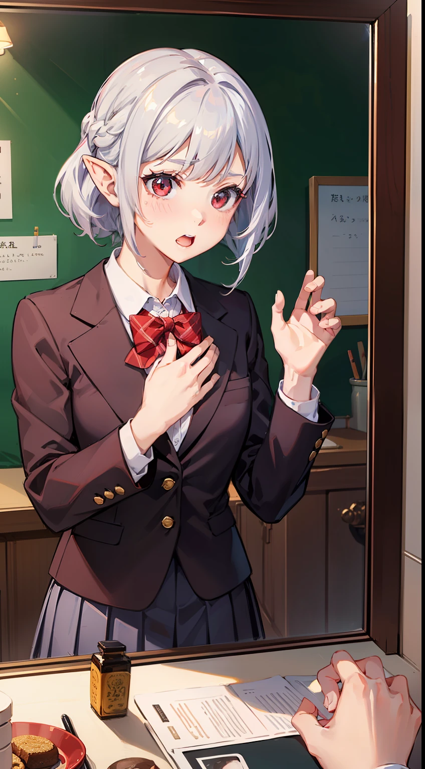 ((Put your hands on your chest)), ((Surprised)), (Red Face), 1女の子の接写, elvish, silver hair,, Red eyes, Braided hair, bob cuts, Student uniform, Blazer Uniform, inside room, Mirror, Gender Change, Concept art, beautiful anime scene, beautiful anime scenery, The Highest Quality, master masterpiece, 4K