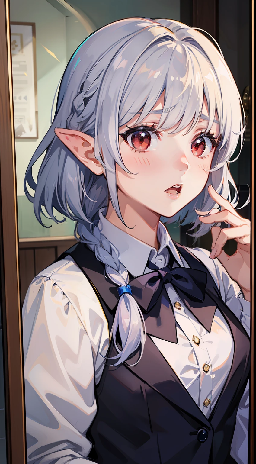 ((Put your hands on your chest)), ((Surprised)), (Red Face), 1女の子の接写, elvish, silver hair,, Red eyes, Braided hair, bob cuts, Student uniform, Blazer Uniform, inside room, Mirror, Gender Change, Concept art, beautiful anime scene, beautiful anime scenery, The Highest Quality, master masterpiece, 4K