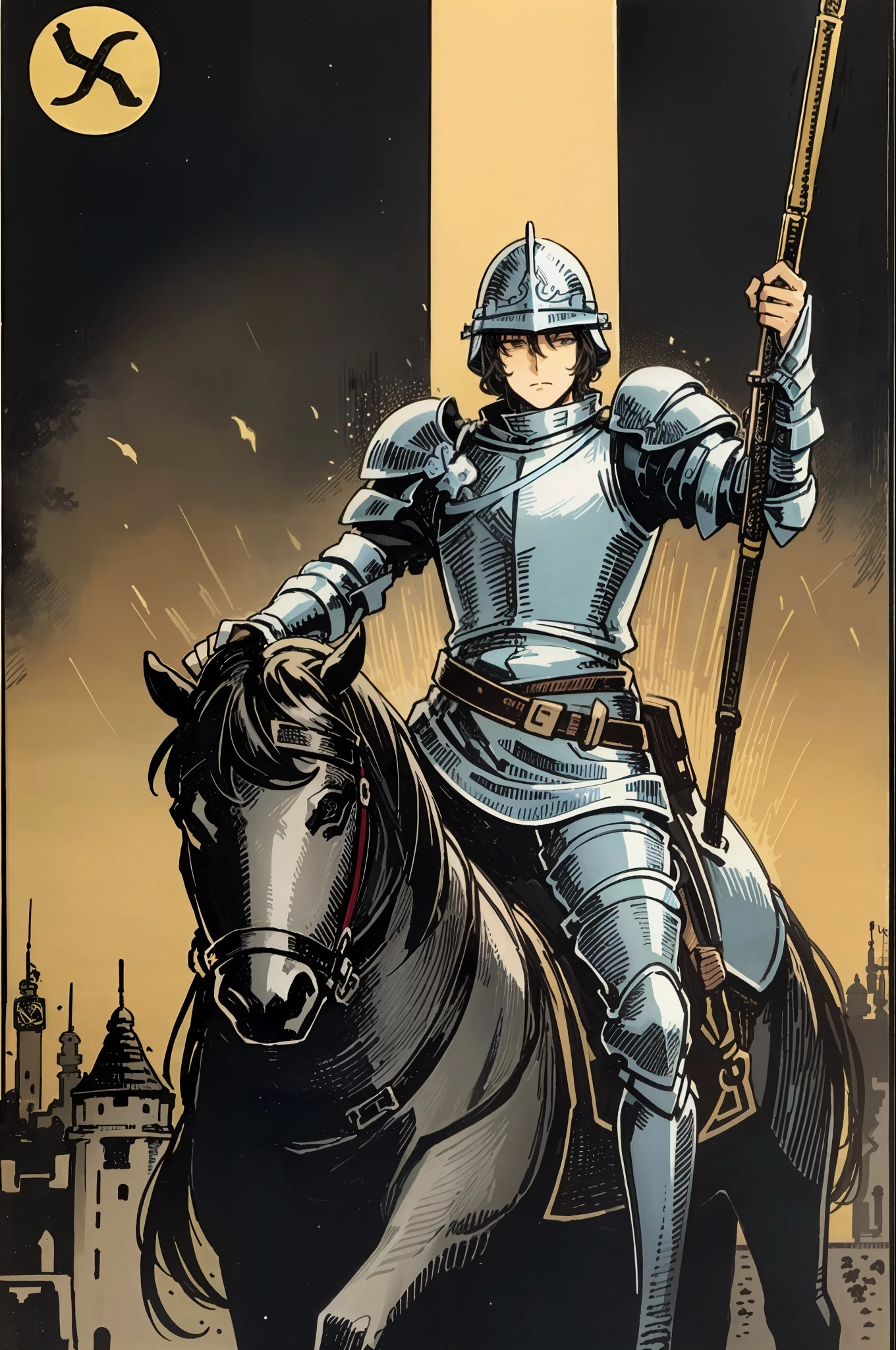 the tower tarot card,knights,solo,Long-handled riding gun,Armed at all points,Closed helmet