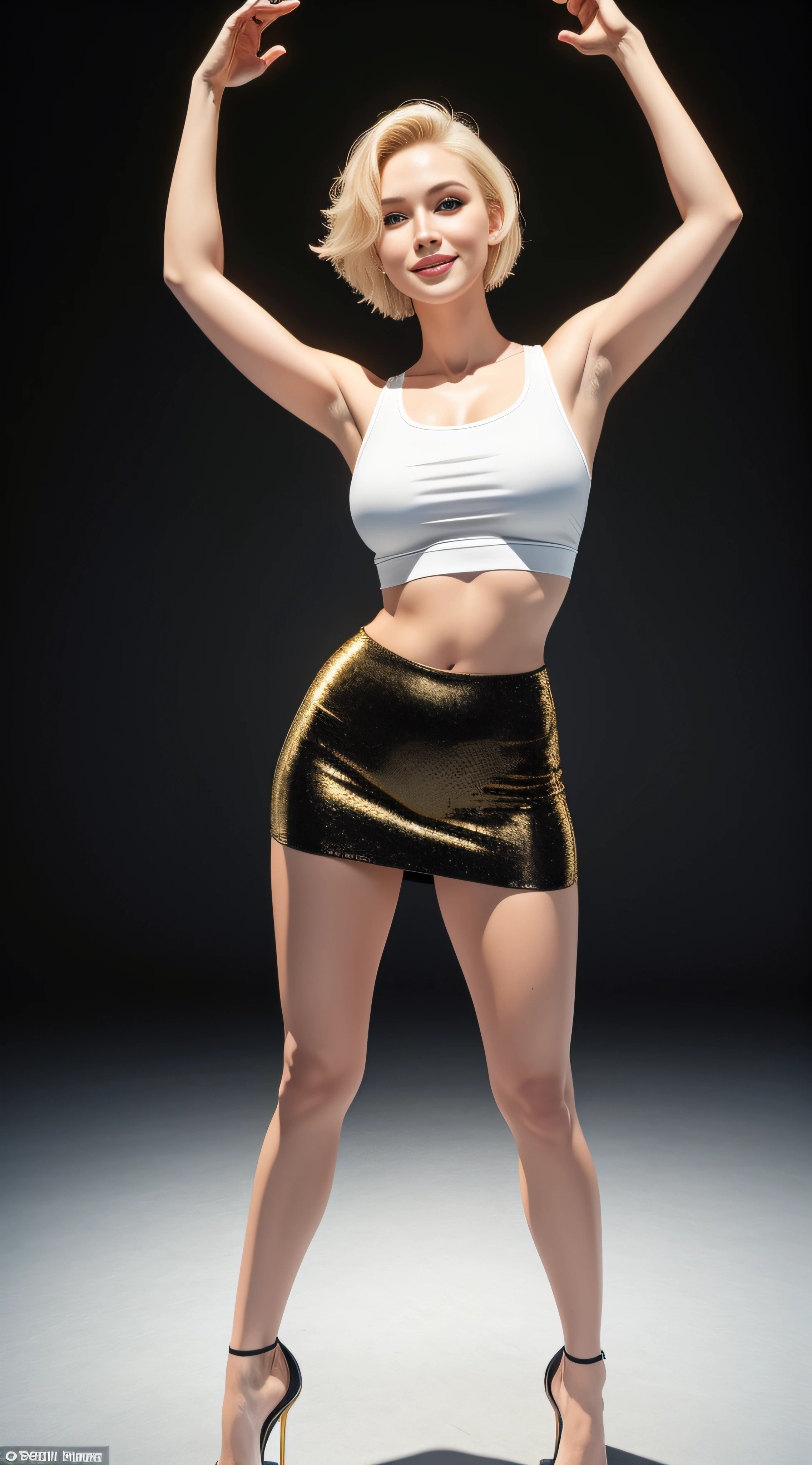 Masterpiece, absurd, HDR, highly detailed eyes and face, smile, beautiful nod_woman, short blonde hair, tight t-shirt, pencil skirt, perfect nod_body, perfect nod_face, (same character, front), (full body: 1.6), arms outstretched down, best quality, super high resolution, (reality: 1.4), 1 girl, looking at the audience, golden ratio, wide shoulders, narrow waist, double eyelids, high heels, legs apart, (standing: 1.3), facing the audience, Full Body Photo (FLS), Single, Vanishing Point