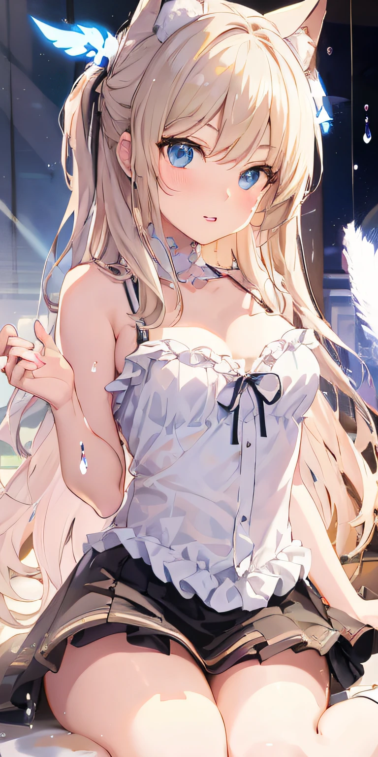 anime girl with long blonde hair and blue eyes posing in front of a window, Small Curvy , lolidress, blonde anime girl with long hair, splash art anime loli, seive anime girls, from girls frontline, fluffy chest, cute anime waifu in a nice dress, anime goddess, fine Detail. girls frontline, beautiful anime girls