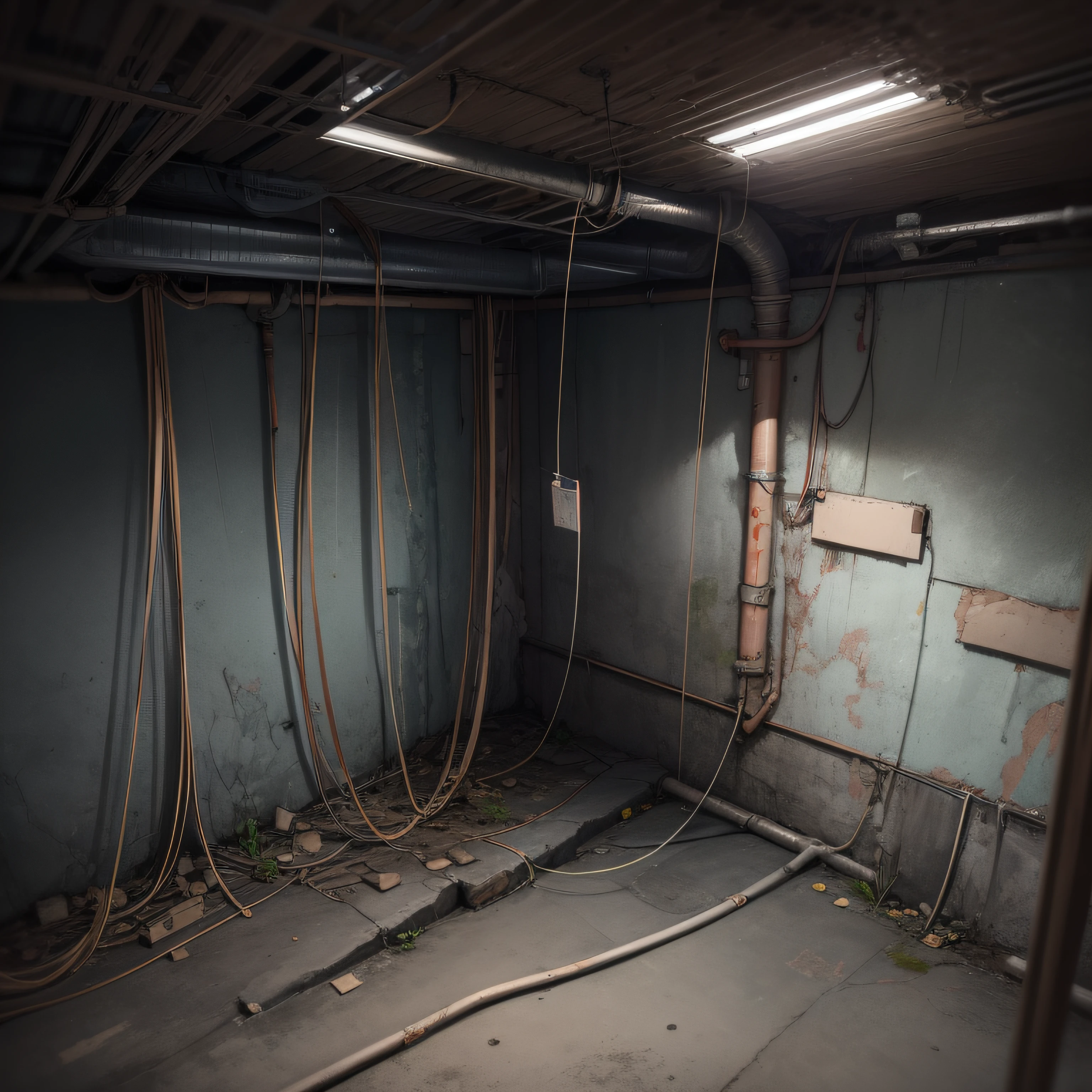 Dilapidated basement,Walls,Damp and dark,There are wires and pipes on the walls,electric wire,pipeline,high quallity