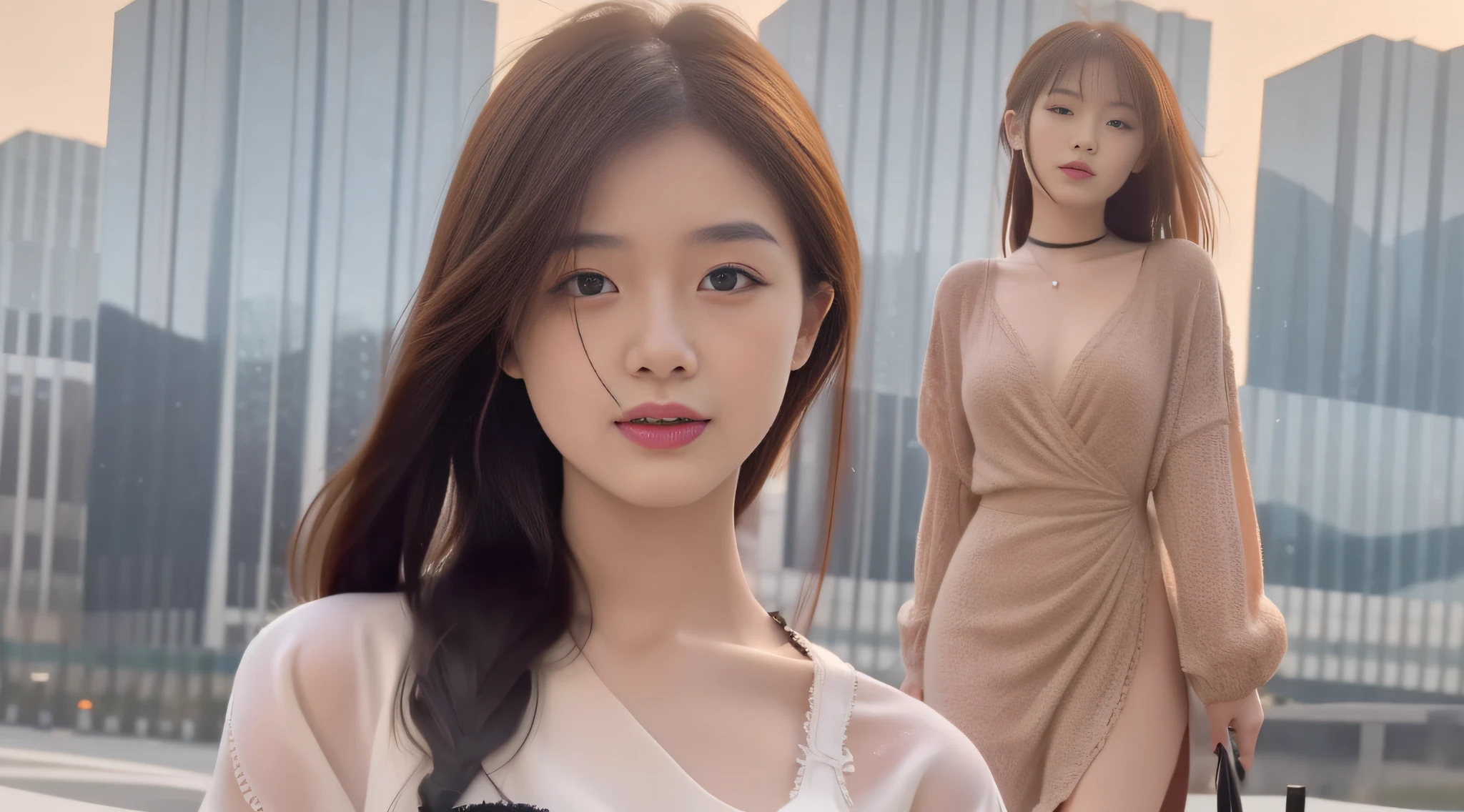 （（bestbestquality，8k，master masterpiece：1.3））， 1女孩， Sorrisos， total body， slim face， Beautiful woman， （Dark Brown Hair）， Full-length dress ：1.1， Super detailed face， Detailed eyes， Double eyelidd， blur background， slim face， The city， Exterior， the street，Dress with high slit，Wear black one-piece stockings，Place your hands behind your back，The lip color is more vibrant，Face depictions are more detailed