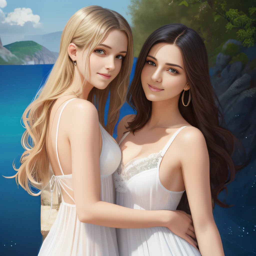 海の近くで隣り合って立っている白いドレスを着た2人の女性, beautiful gemini twins portrait, artgerm ; 3d unreal engine, artwork in the style of guweiz, CGSTATION trend, two beautiful anime girls, photorealistic art style, ig model | artgerm, wlop and andrei riabovitchev, beautiful gemini twins