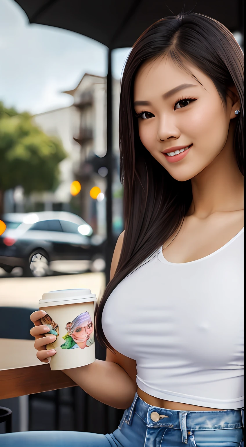 young Thai woman, bodybuilder physique, wearing a white top and jeans, smiling, having a cup of coffee at a coffee shop, full body including head and legs, (8k), (best quality), (masterpiece:1.3), (realistic), (photorealistic:1.34), ultra-detailed, [beautiful detailed eyes], (beautiful detailed nose), [very long blond hair], (see-through white t-shirt), jeans, (large breasts), (close up), park, depth of field, --auto