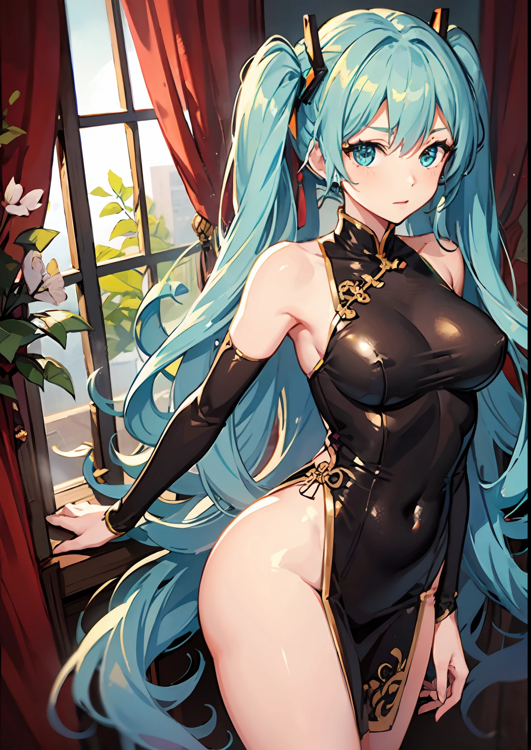 hatsuneMiku、Chinese dress、total body， thickthighs、smooth