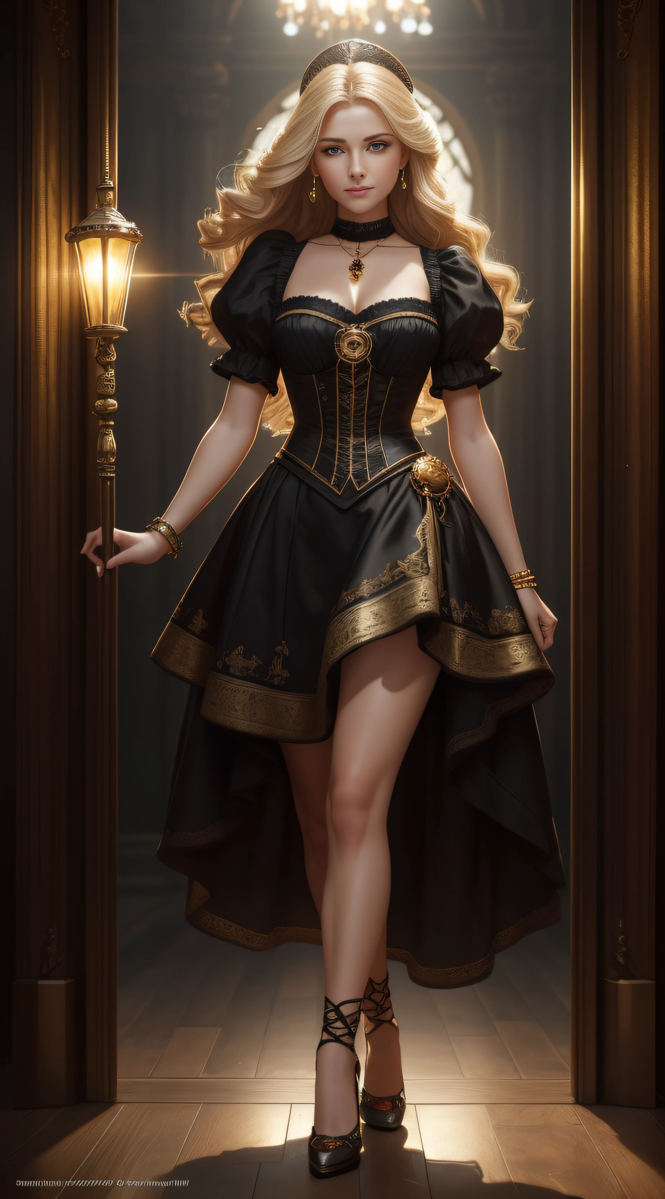(8k, RAW photo, best quality, masterpiece: 1.2), model shooting style, (dark lens: 1.5), charming woman with soft blonde hair, (Victorian style: 1.2), Victorian skirt details exquisite, long curly hair, dramatic pose, high heels, (soft warm skin with wax effect: 1.3), soft, (shiny lips and tip of nose with bright glare: 1.4), (bright highlight: 1.6), fine eyes, (soft volumetric light: 1.5), (subsurface scattering: 1.5), wax, (night light: 1.6), global illumination, Soft Shadows, (dark background with cool lighting:1.0), bokeh, Charlie Bowater, stanley artgerm lau, a detailed painting, fantasy art, artstation, trends on Artstation, art like midjourney and Rutkowski, super detail, crazy detail, Intricate Details, (Oil painting:1.5), (Digital art:1.5), glare on the cornea, Round pupil, Refraction, Screen Space Reflection, Screen Space Ambient Light Occlusion, (HDR: 1.4), (Standing: 1.4), Facing the viewer, Full Body Photo (FLS), (Gold Jewelry with Amber Gemstones: 1.1)