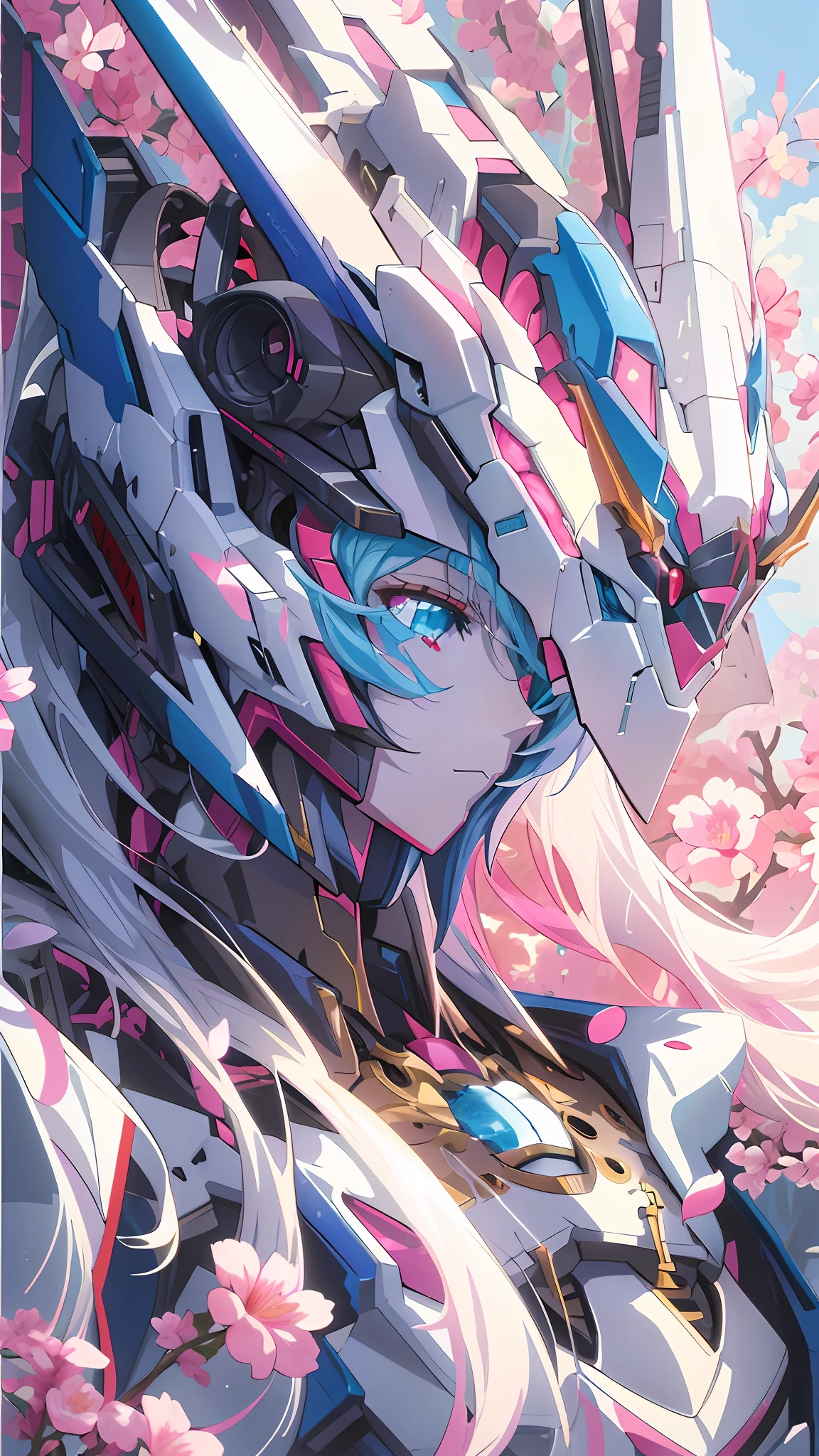 anime character with long hair and a pink flower in front of a blue sky, detailed anime artwork, anime mecha aesthetic, detailed anime art, detailed digital anime art, robot mecha female dragon head, detailed key anime art, ethereal and mecha theme, mecha asthetic, best anime 4k konachan wallpaper, sleek mecha female dragon head