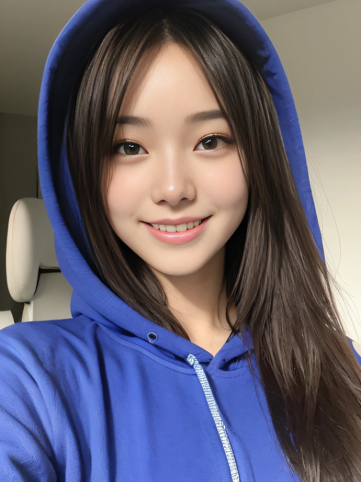 8k, best quality, masterpiece, realistic, ultra detail, photo realistic, hyper realistic, smoother lighting, increase cinematic lighting quality, realistic lighting, backlighting, brightening light, Increase quality, best quality real texture skin,
close-up, slender, cute face, smile, beautiful details eyes, 19years old korean, pretty, Drill hair with electric blue color, hood,