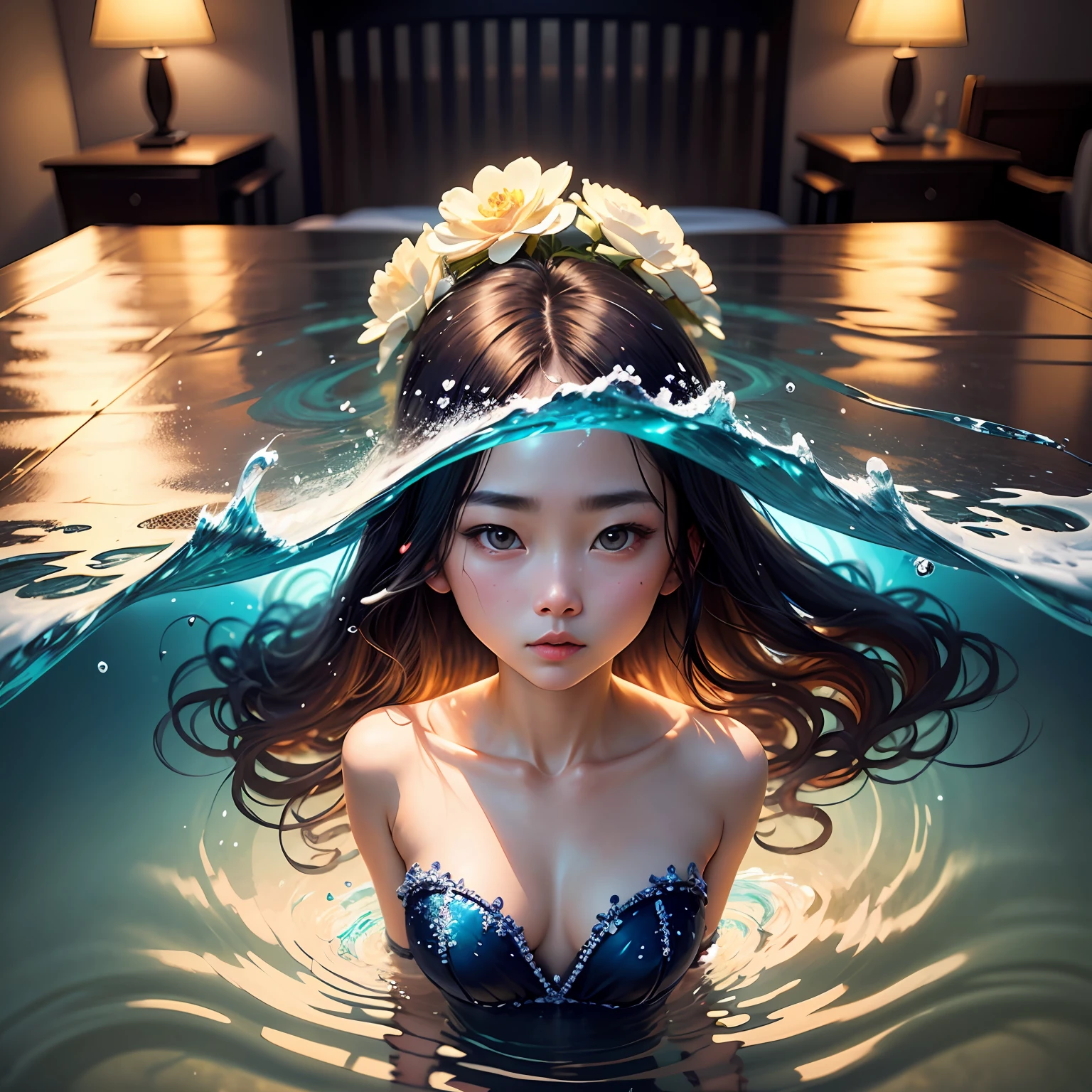 This AI commercial photograph features the theme of Chanel perfume,A beautiful ocean scene is shown。n this scene,There is a magnificent ocean,Waves roll,Creates continuous ripples of water。The surface of the ocean is illuminated by sunlight,It brings a warm and captivating natural light to the whole picture。The whole picture follows the golden section principle,Focus precisely on Chanel fragrance products。In the foreground of the picture,Dotted with flowers,The details of these flowers are captured to life,It adds a touch of romance to the whole scene。The whole picture takes on a quiet blue,It gives a sense of tranquility and relaxation。however,It is also embellished with some colorful colors,It adds a little bit of highlights to the whole picture,Make it more vivid and engaging。使用32K分辨率的相机和长焦镜头,The photographer captures realistic and intricate details,Make the whole photo more refined。 --auto
