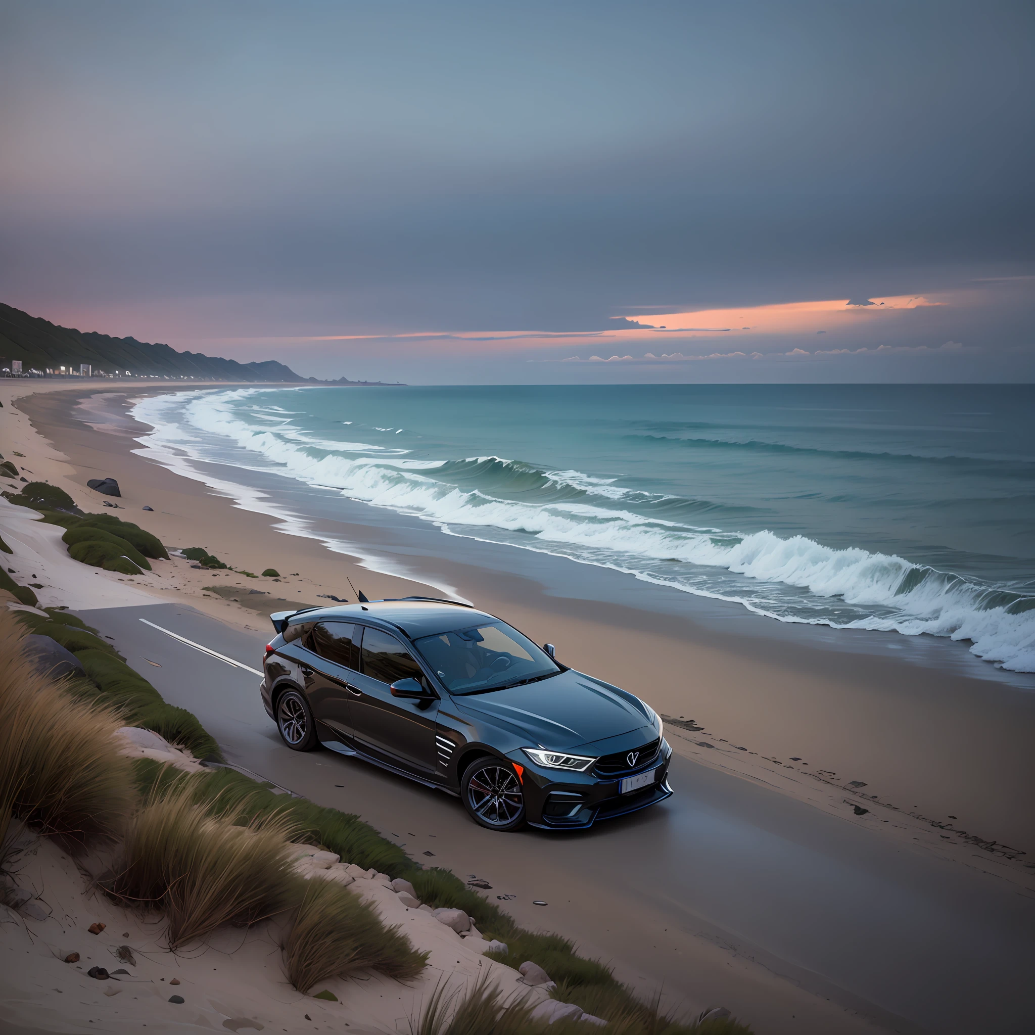 um carro e uma moto em uma praia com um clima chuvoso, de noite. --auto --s2