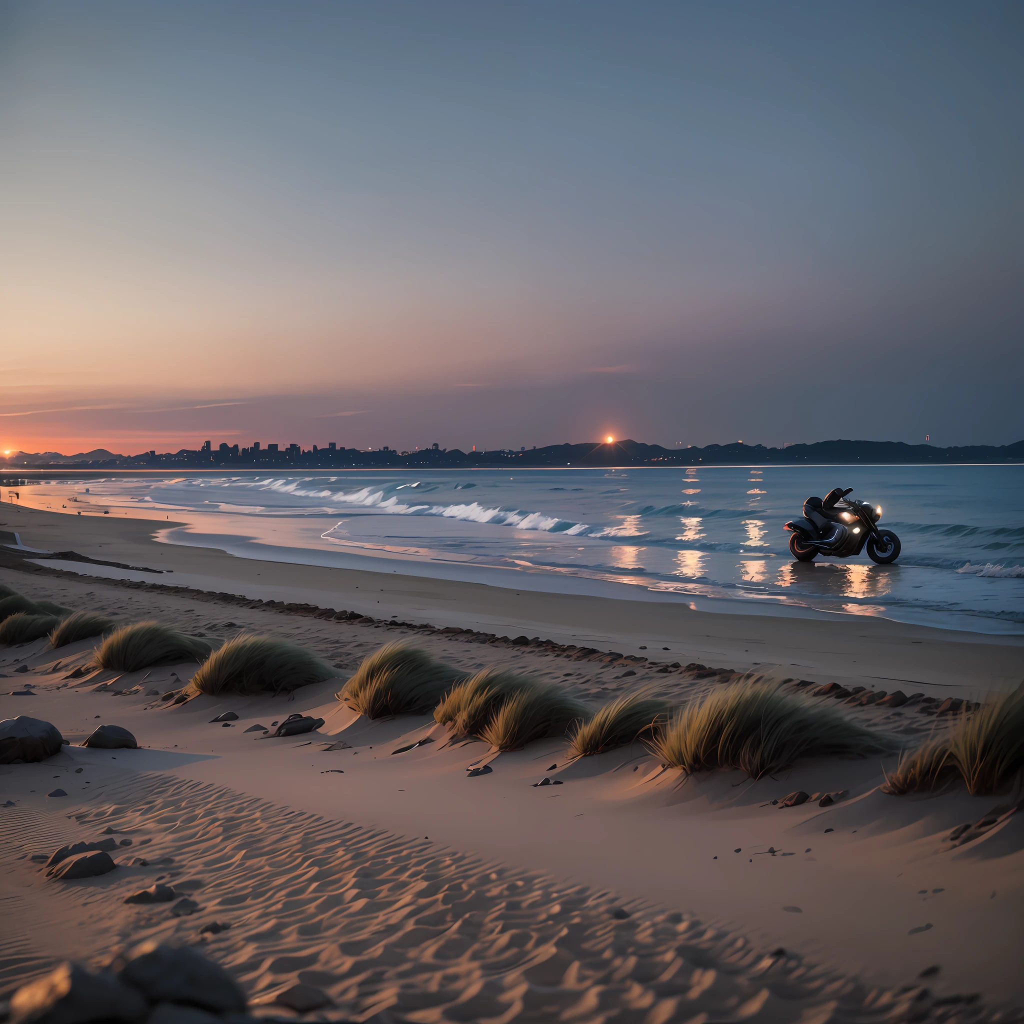 um carro e uma moto em uma praia com um clima chuvoso, de noite. --auto --s2